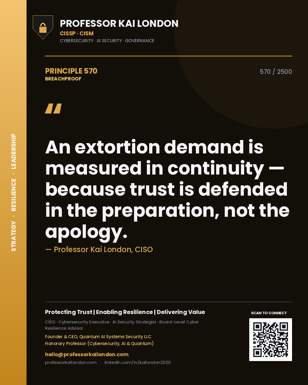 Professor Kai London principle 570: An extortion demand is measured in continuity — because trust is defended in the preparation, not the apology.