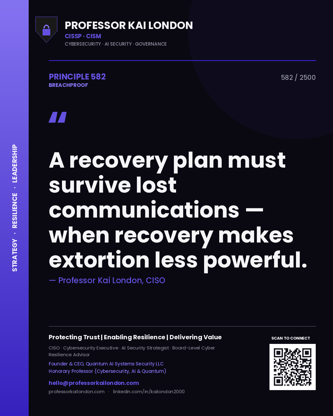 Quote card by Professor Kai London reading 'A recovery plan must survive lost communications — when recovery makes extortion less powerful.'. From the book Breachproof.