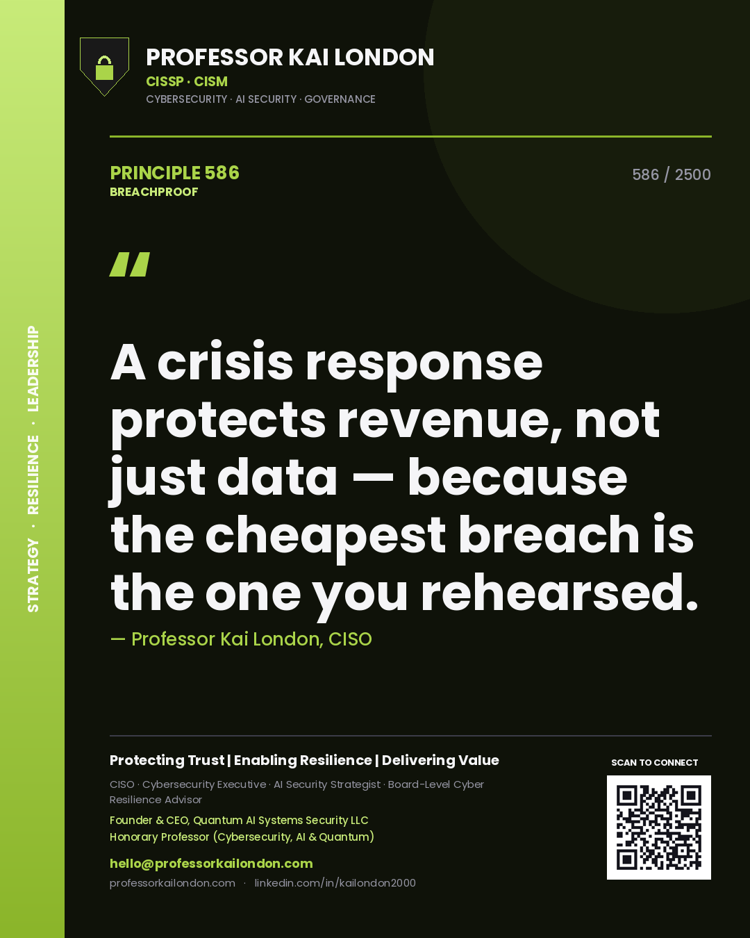 Professor Kai London principle 586: A crisis response protects revenue, not just data — because the cheapest breach is the one you rehearsed.