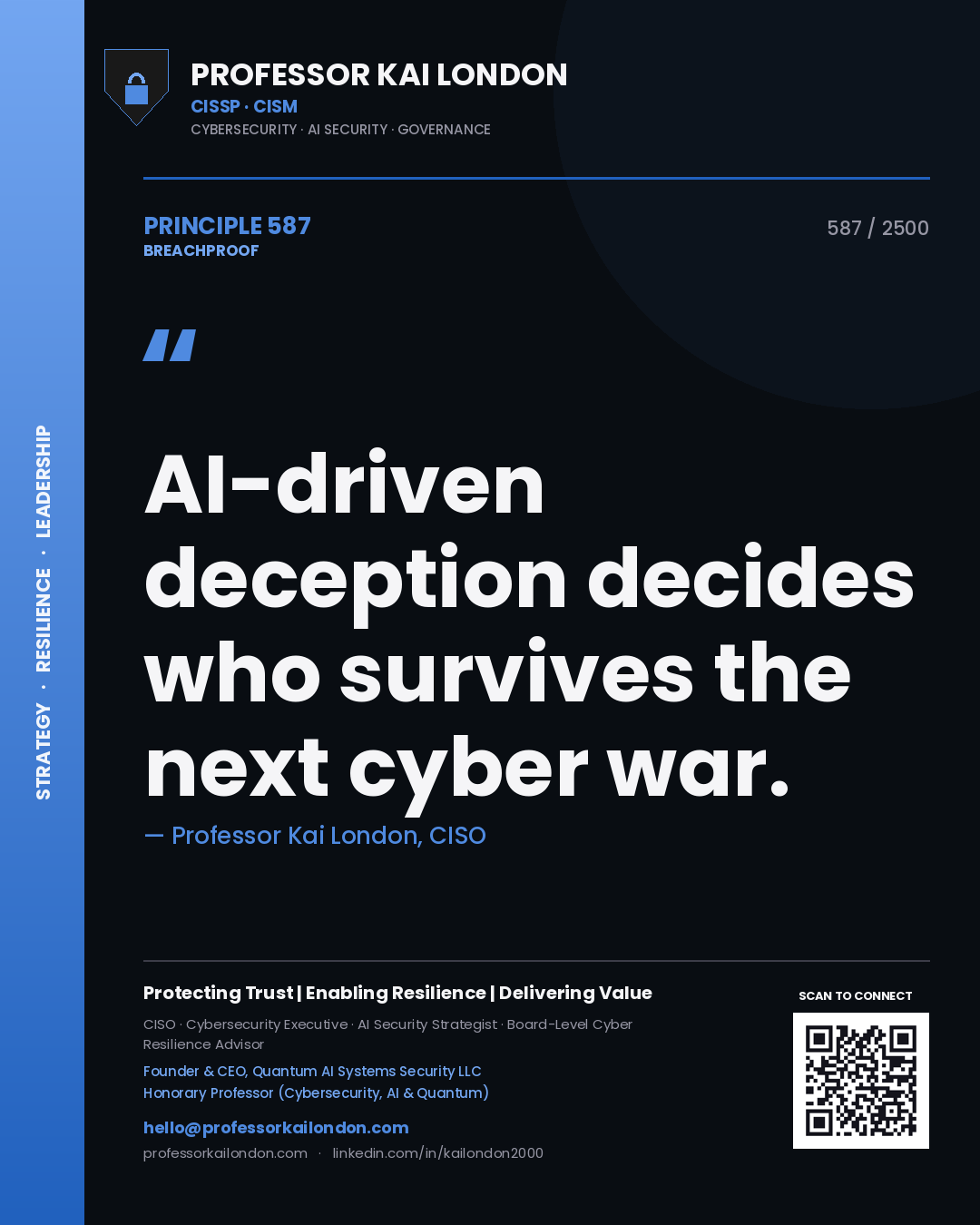 Professor Kai London principle 587: AI-driven deception decides who survives the next cyber war.