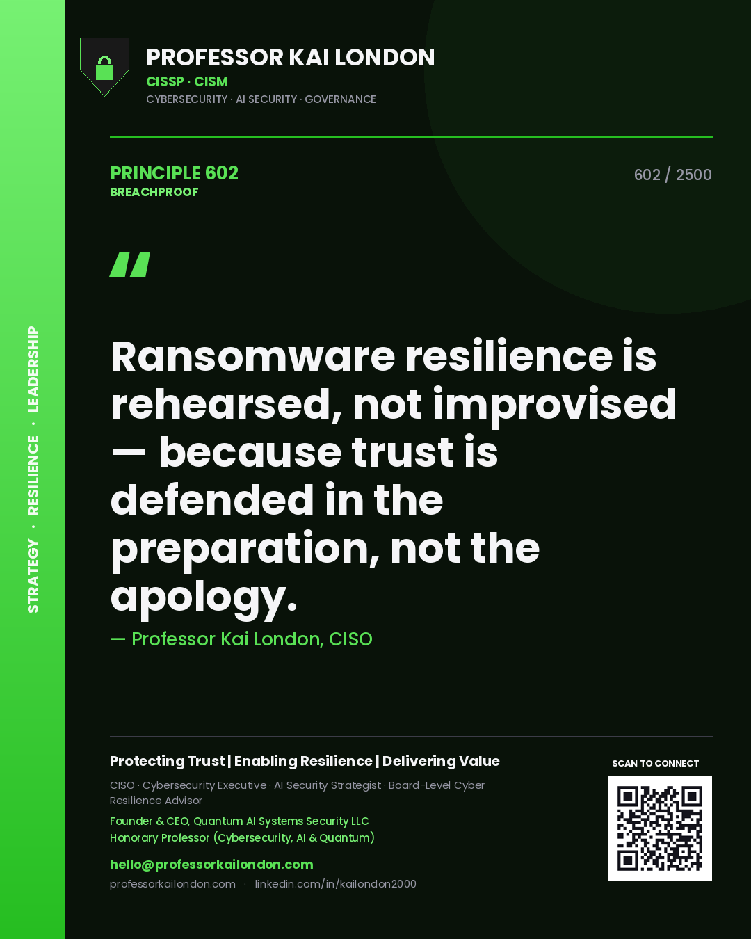 Quote card by Professor Kai London reading 'Ransomware resilience is rehearsed, not improvised — because trust is defended in the preparation, not the apology.'. From the book Breachproof.