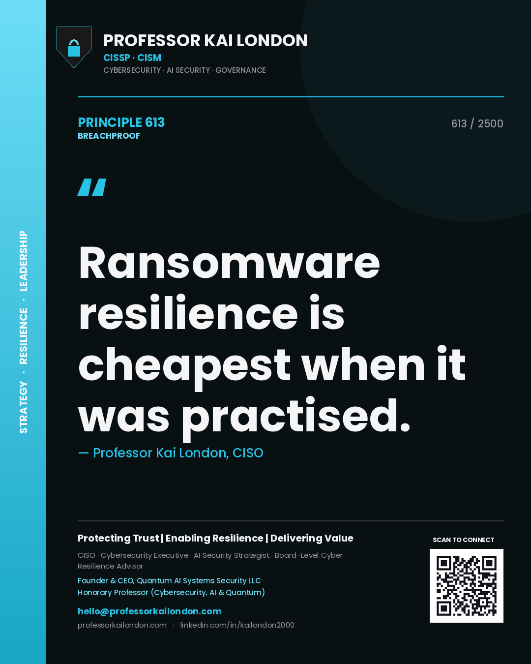 Quote card by Professor Kai London reading 'Ransomware resilience is cheapest when it was practised.'. From the book Breachproof.