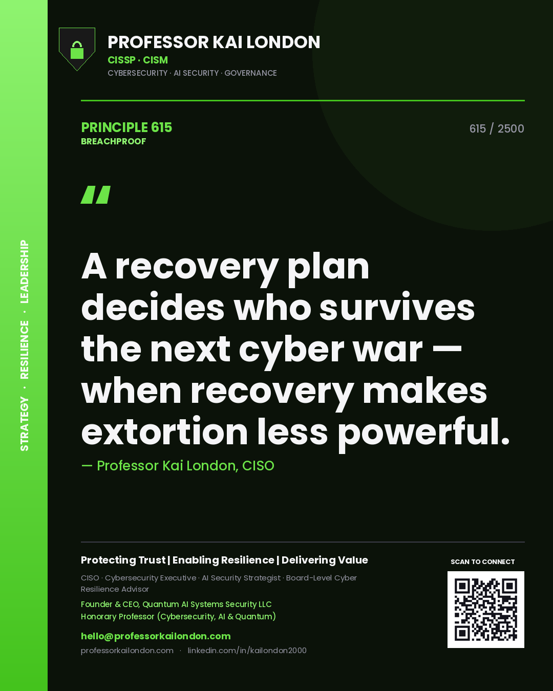 Quote card by Professor Kai London reading 'A recovery plan decides who survives the next cyber war — when recovery makes extortion less powerful.'. From the book Breachproof.