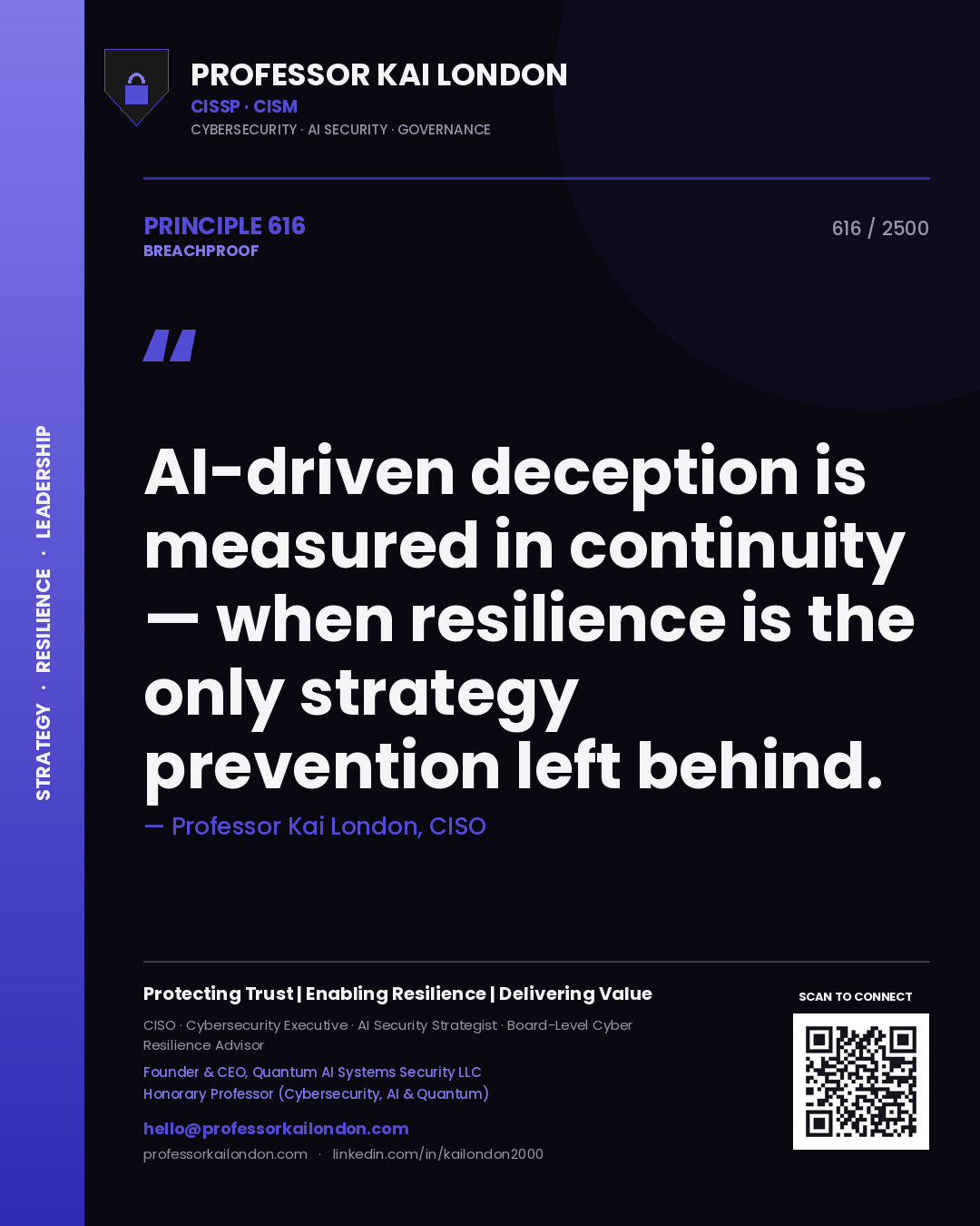Quote card by Professor Kai London reading 'AI-driven deception is measured in continuity — when resilience is the only strategy prevention left behind.'. From the book Breachproof.
