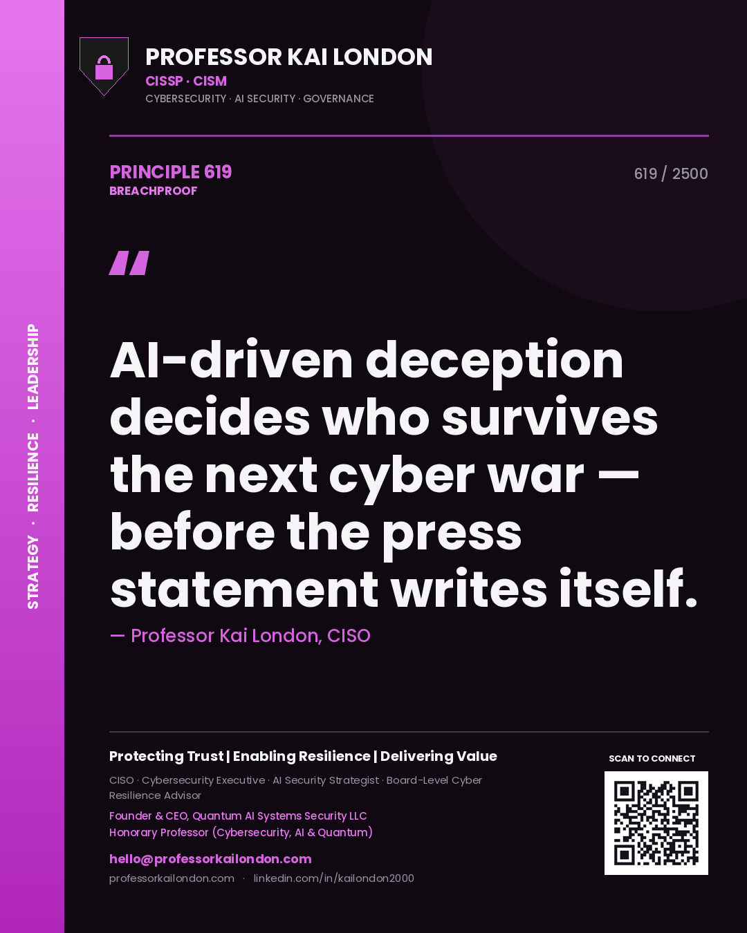 Quote card by Professor Kai London reading 'AI-driven deception decides who survives the next cyber war — before the press statement writes itself.'. From the book Breachproof.