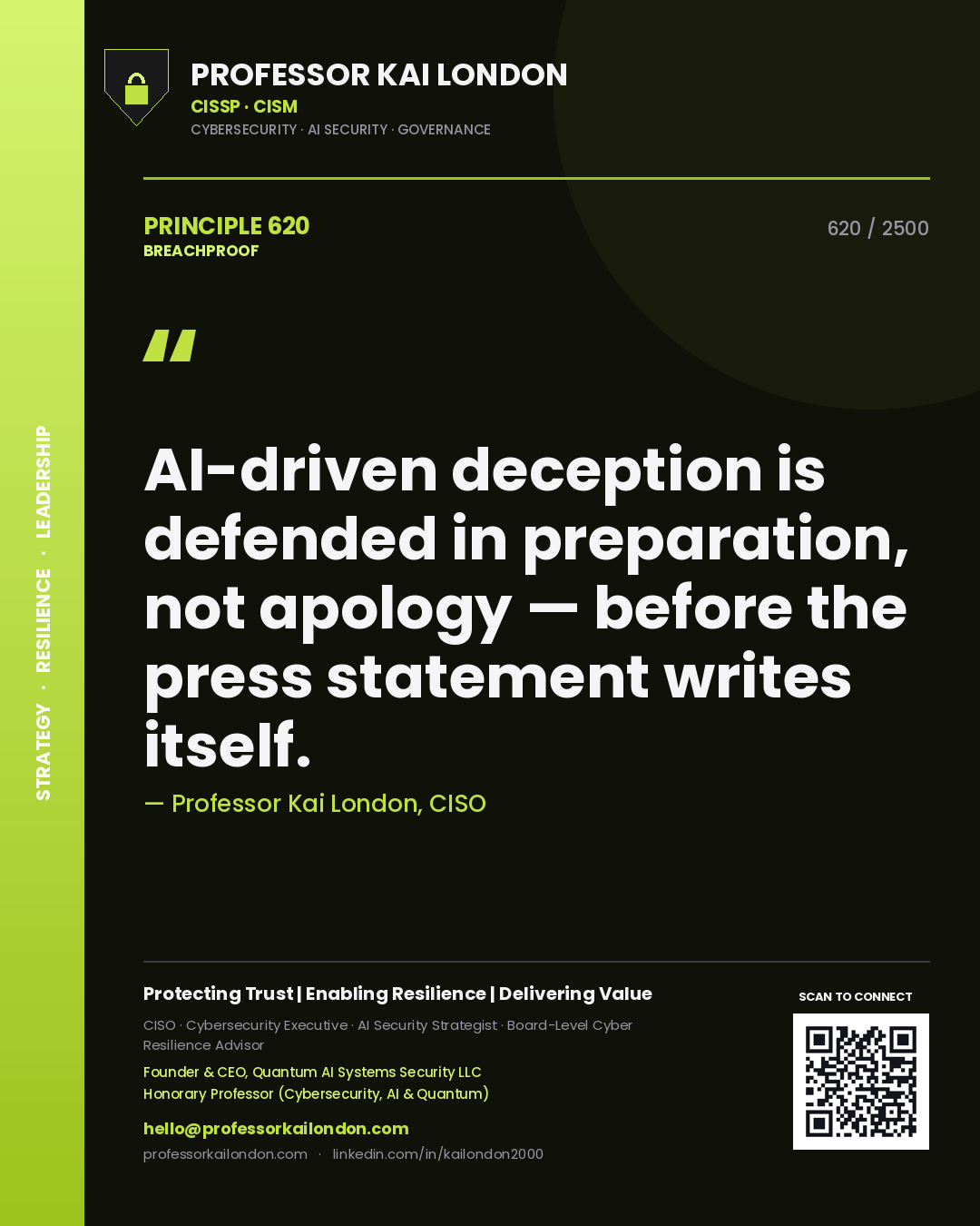 Professor Kai London principle 620: AI-driven deception is defended in preparation, not apology — before the press statement writes itself.
