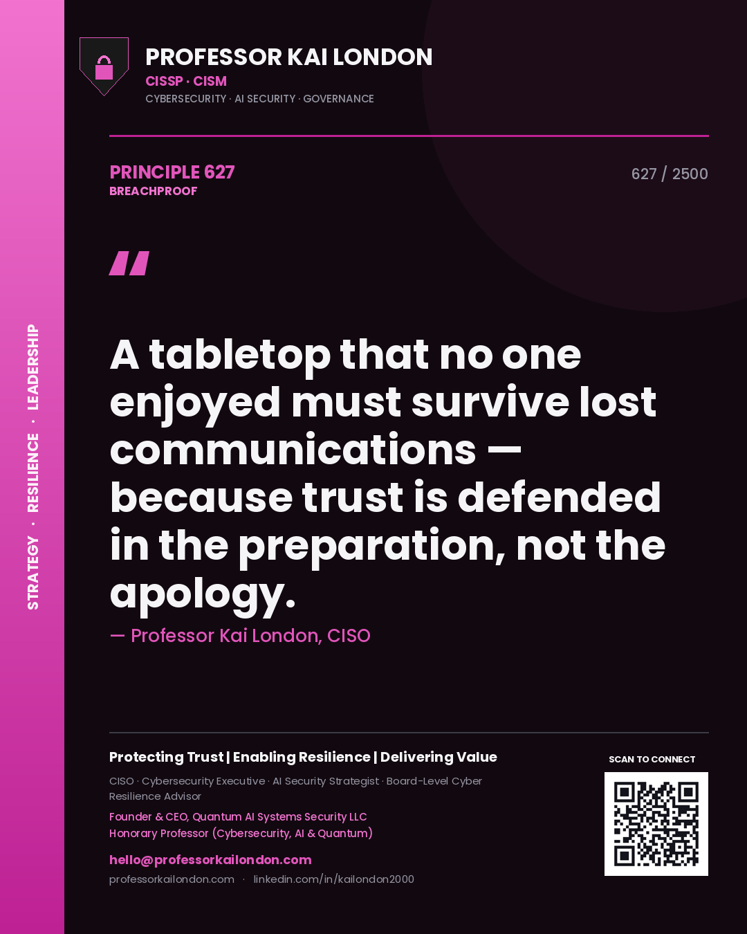 Professor Kai London principle 627: A tabletop that no one enjoyed must survive lost communications — because trust is defended in the preparation, not the apology.