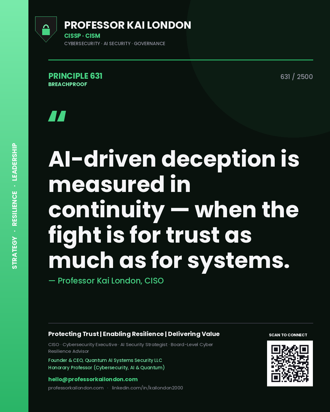Quote card by Professor Kai London reading 'AI-driven deception is measured in continuity — when the fight is for trust as much as for systems.'. From the book Breachproof.