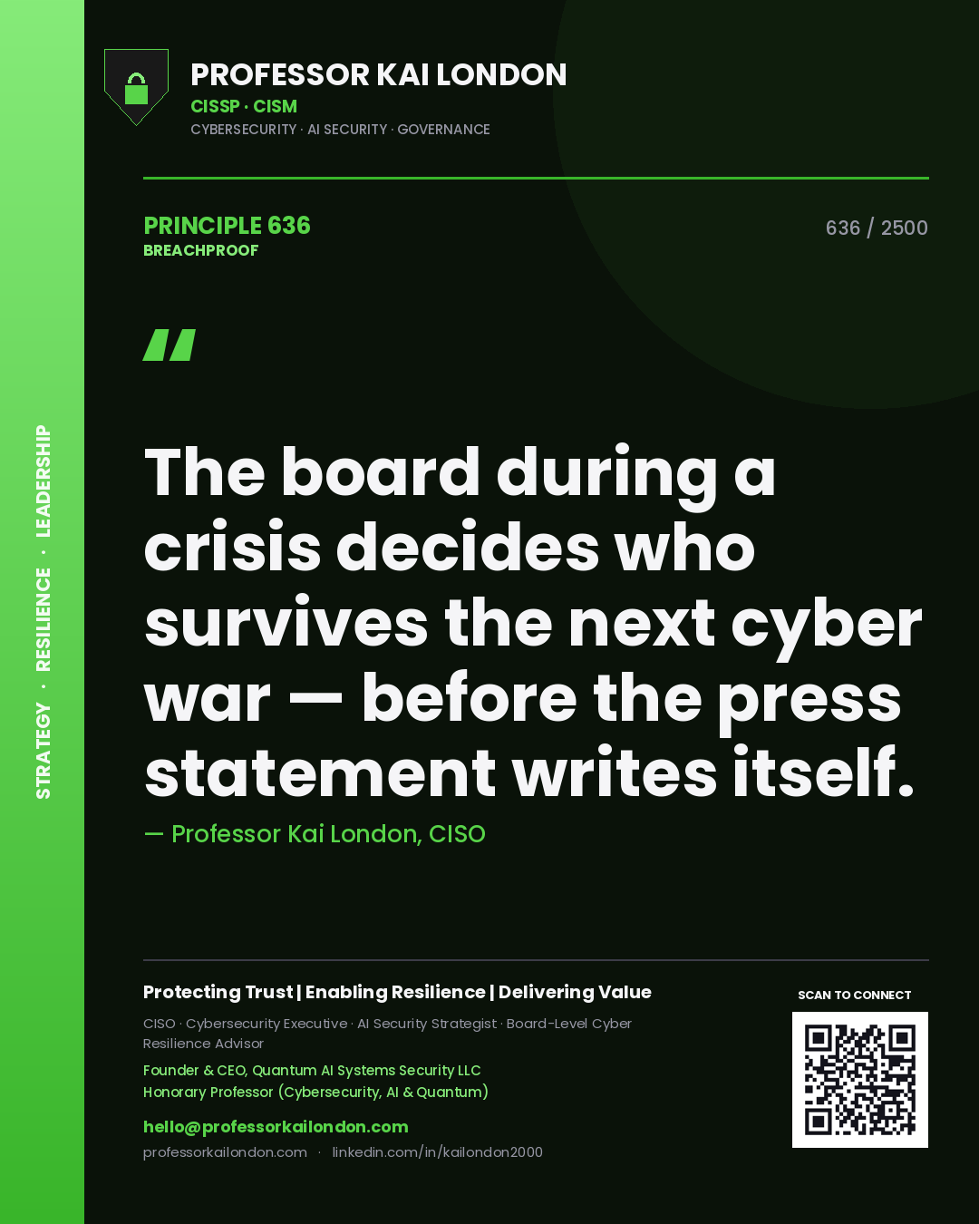 Quote card by Professor Kai London reading 'The board during a crisis decides who survives the next cyber war — before the press statement writes itself.'. From the book Breachproof.