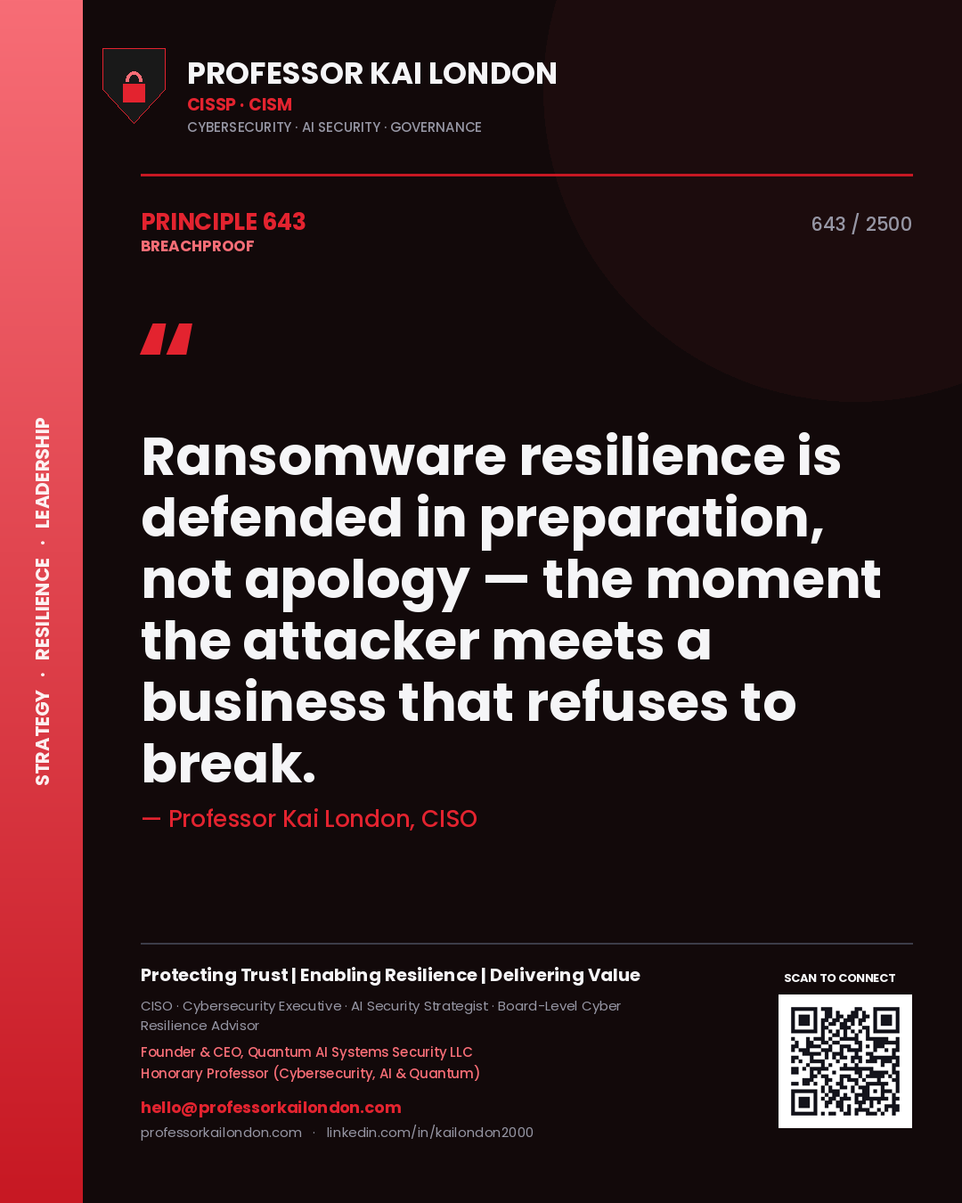 Quote card by Professor Kai London reading 'Ransomware resilience is defended in preparation, not apology — the moment the attacker meets a business that refuses to break.'. From the book Breachproof.