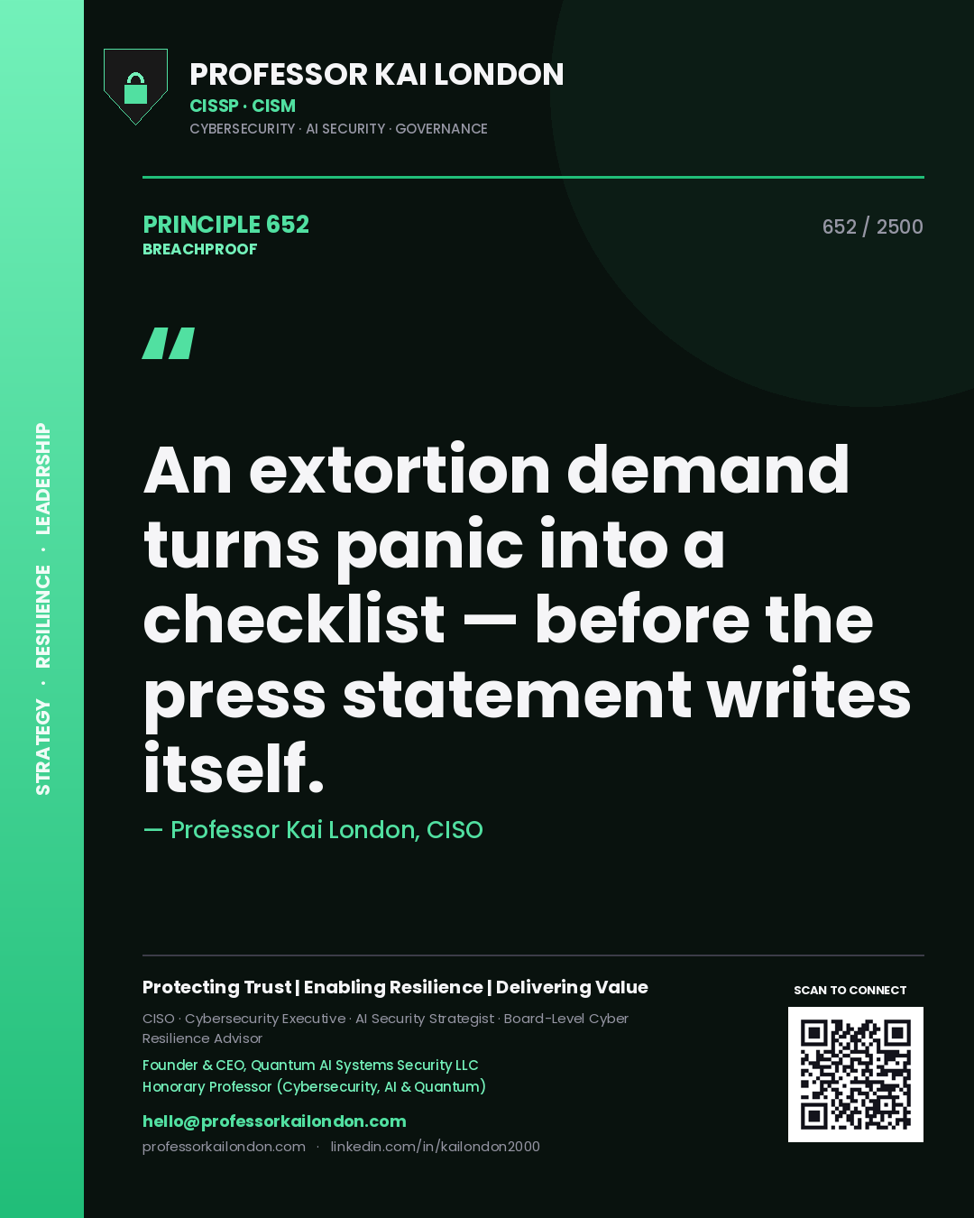 Quote card by Professor Kai London reading 'An extortion demand turns panic into a checklist — before the press statement writes itself.'. From the book Breachproof.