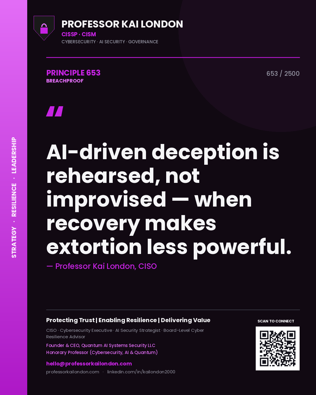 Quote card by Professor Kai London reading 'AI-driven deception is rehearsed, not improvised — when recovery makes extortion less powerful.'. From the book Breachproof.