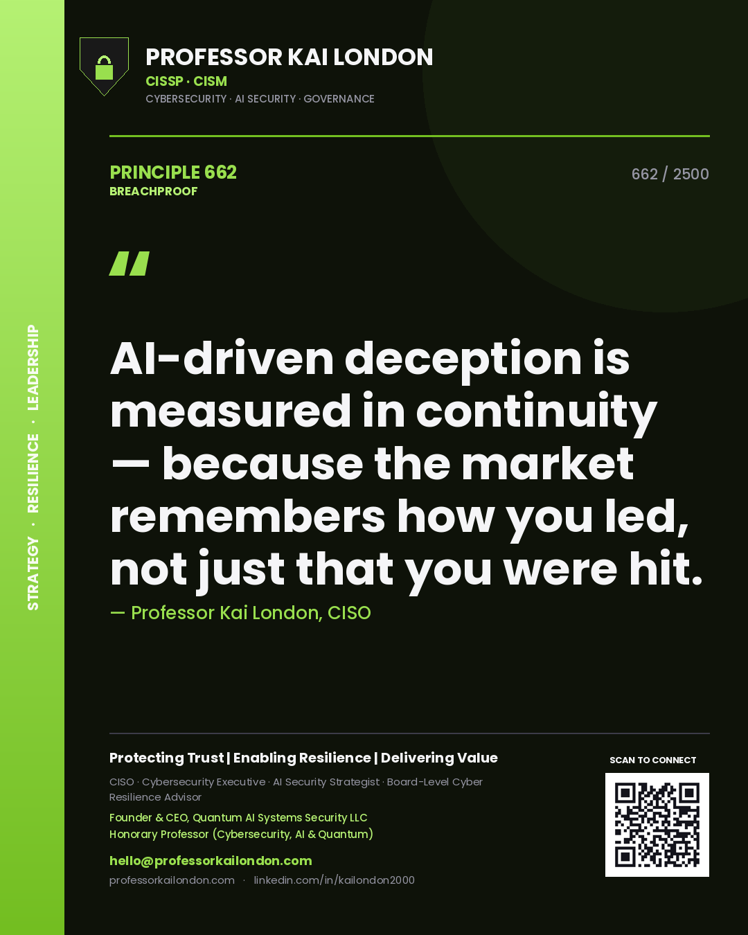 Quote card by Professor Kai London reading 'AI-driven deception is measured in continuity — because the market remembers how you led, not just that you were hit.'. From the book Breachproof.
