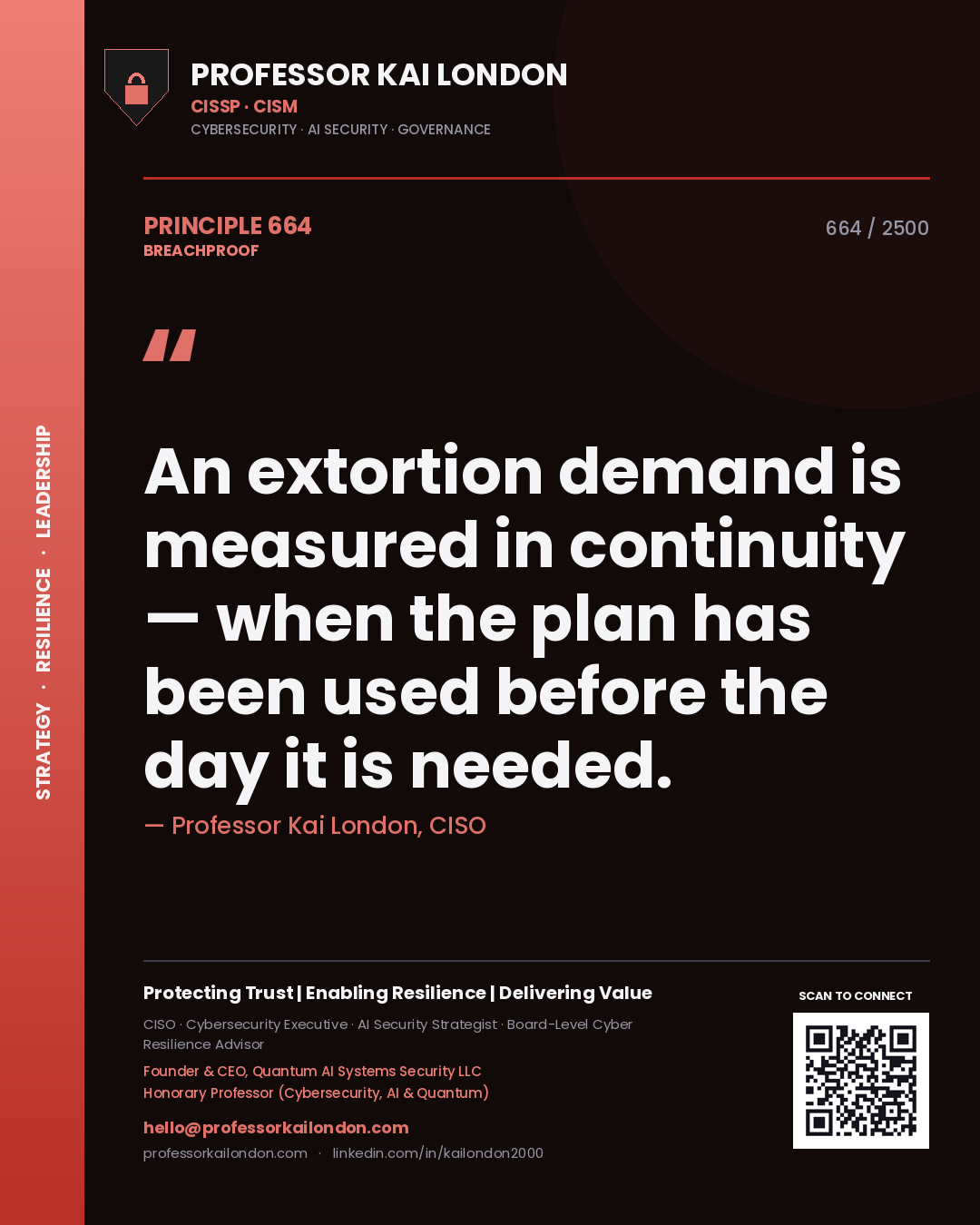 Professor Kai London principle 664: An extortion demand is measured in continuity — when the plan has been used before the day it is needed.