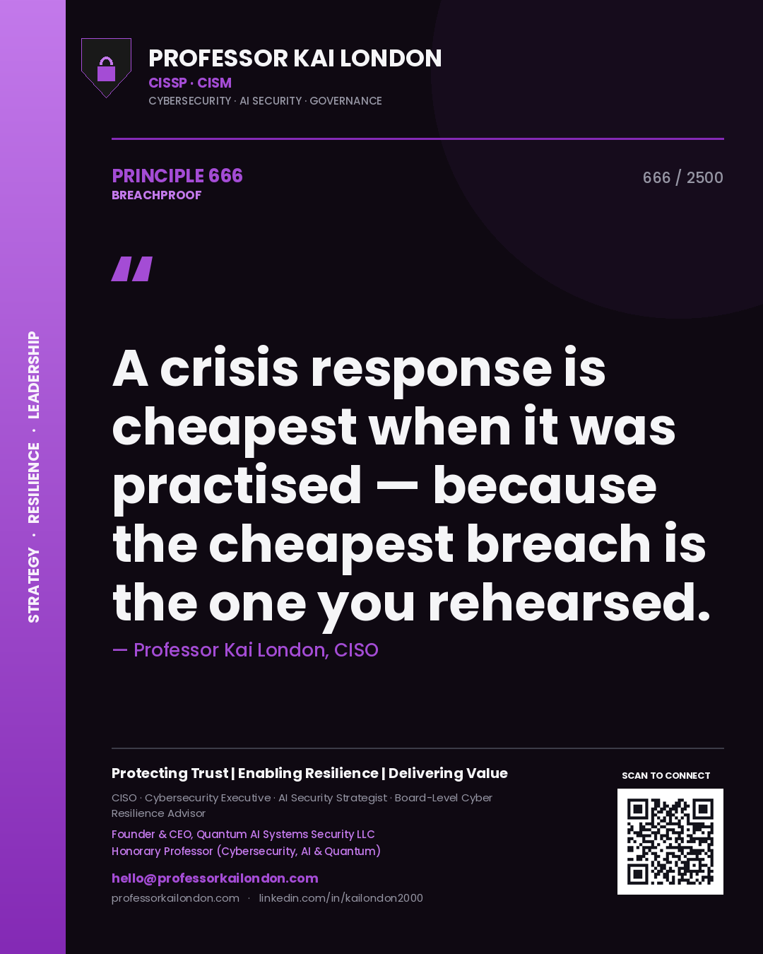 Quote card by Professor Kai London reading 'A crisis response is cheapest when it was practised — because the cheapest breach is the one you rehearsed.'. From the book Breachproof.
