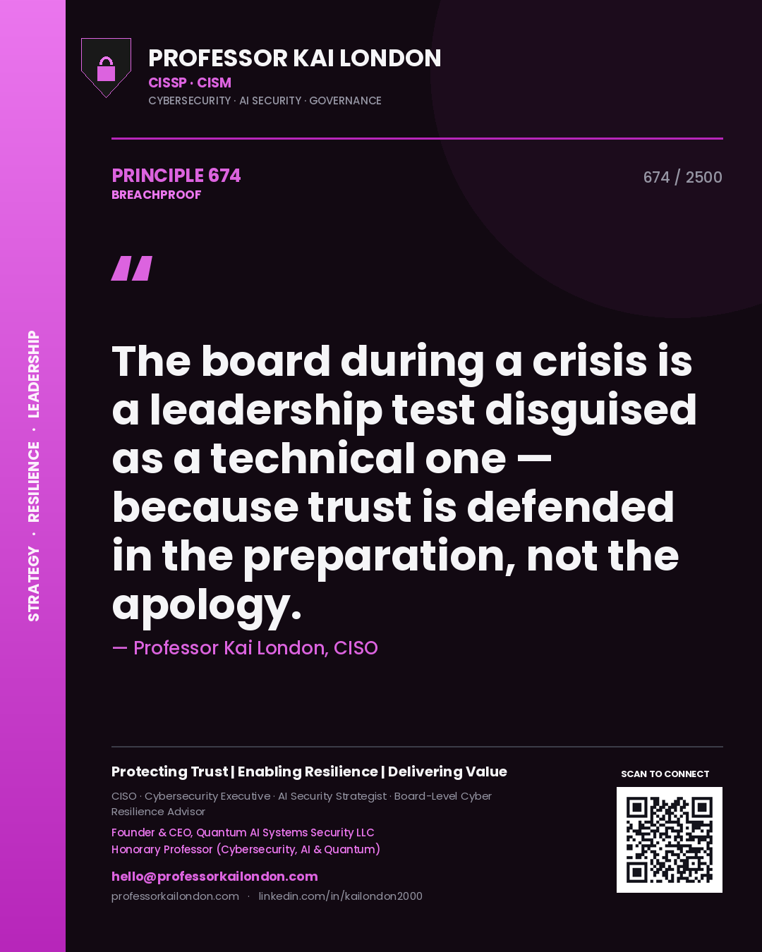 Professor Kai London principle 674: The board during a crisis is a leadership test disguised as a technical one — because trust is defended in the preparation, not the apology.