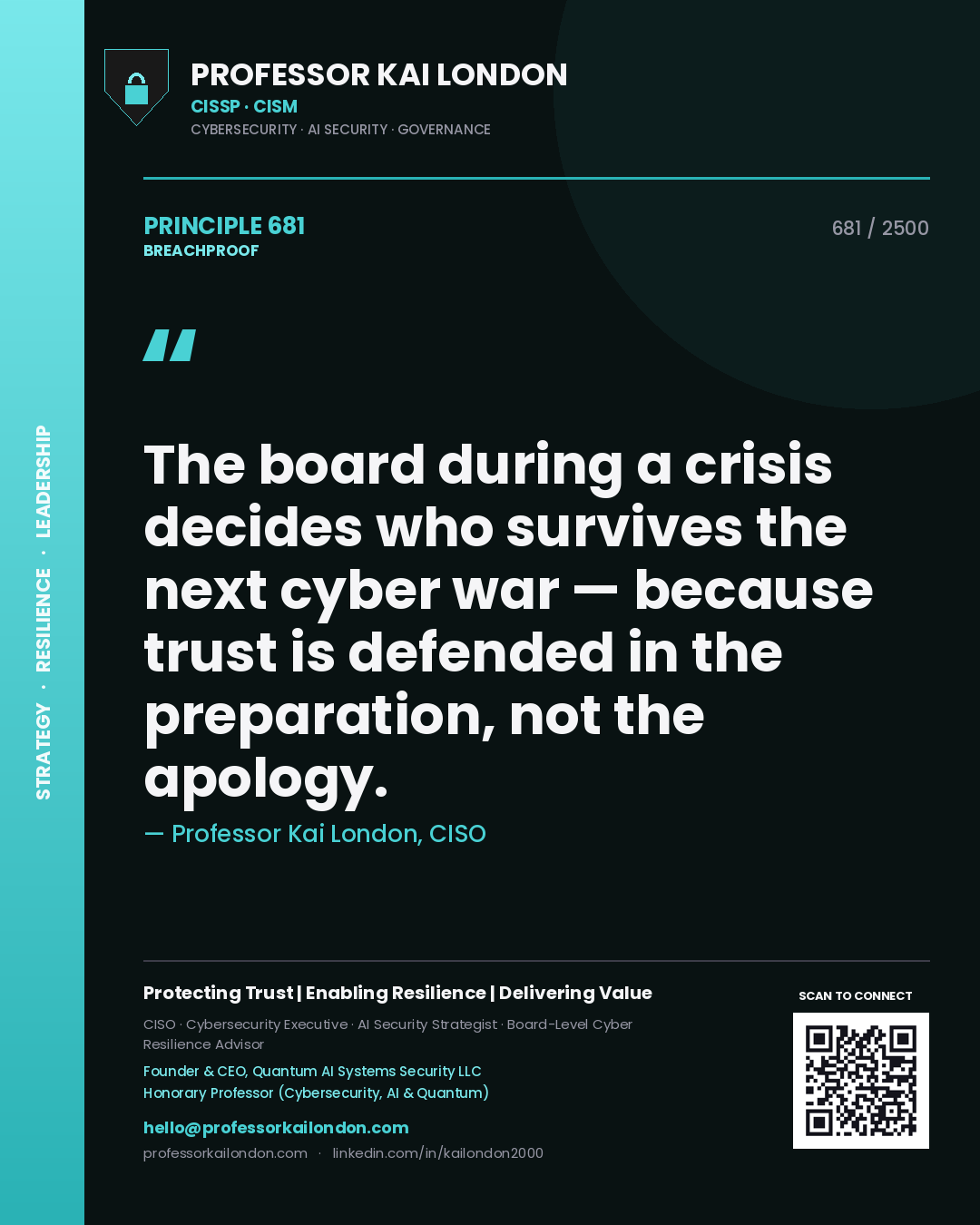 Quote card by Professor Kai London reading 'The board during a crisis decides who survives the next cyber war — because trust is defended in the preparation, not the apology.'. From the book Breachproof.