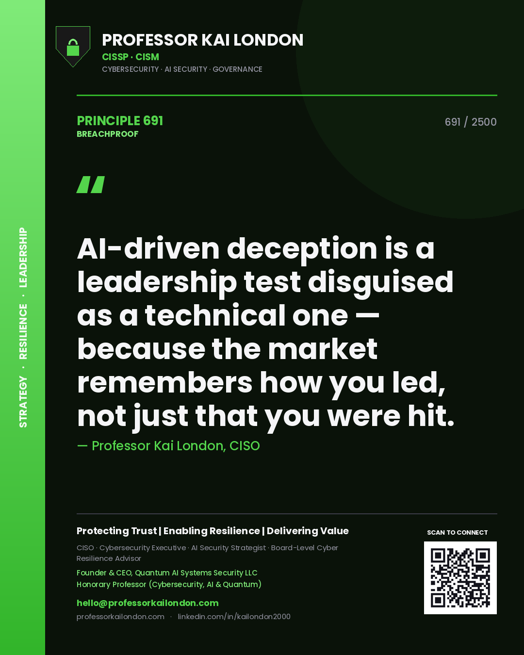 Quote card by Professor Kai London reading 'AI-driven deception is a leadership test disguised as a technical one — because the market remembers how you led, not just that you were hit.'. From the book Breachproof.