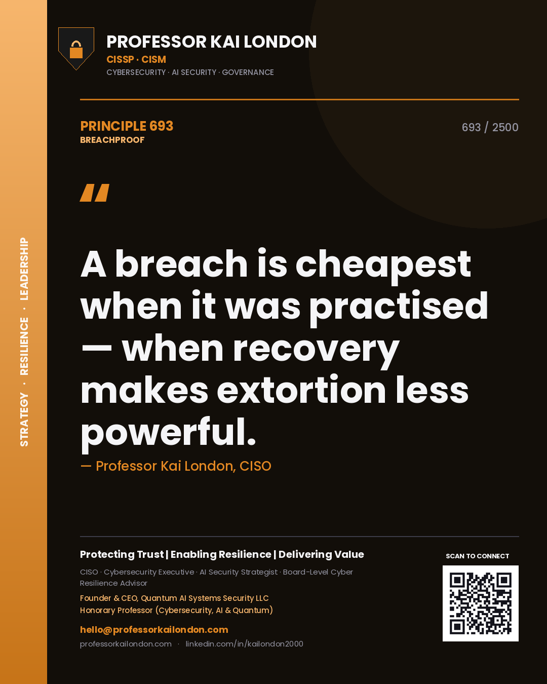 Quote card by Professor Kai London reading 'A breach is cheapest when it was practised — when recovery makes extortion less powerful.'. From the book Breachproof.