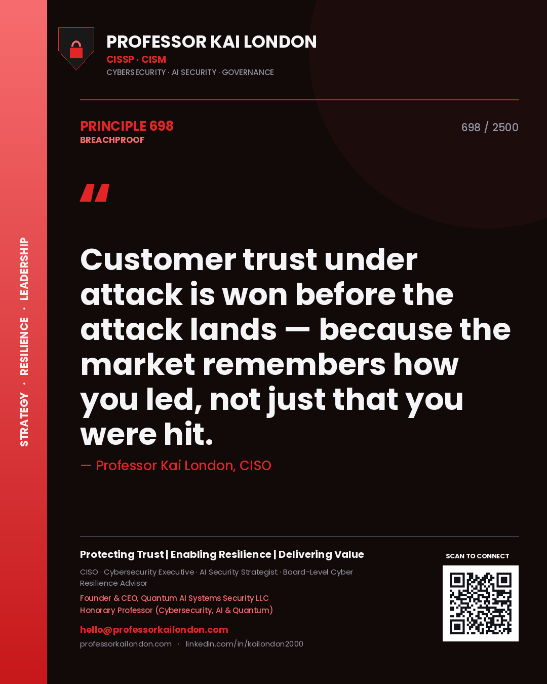 Quote card by Professor Kai London reading 'Customer trust under attack is won before the attack lands — because the market remembers how you led, not just that you were hit.'. From the book Breachproof.