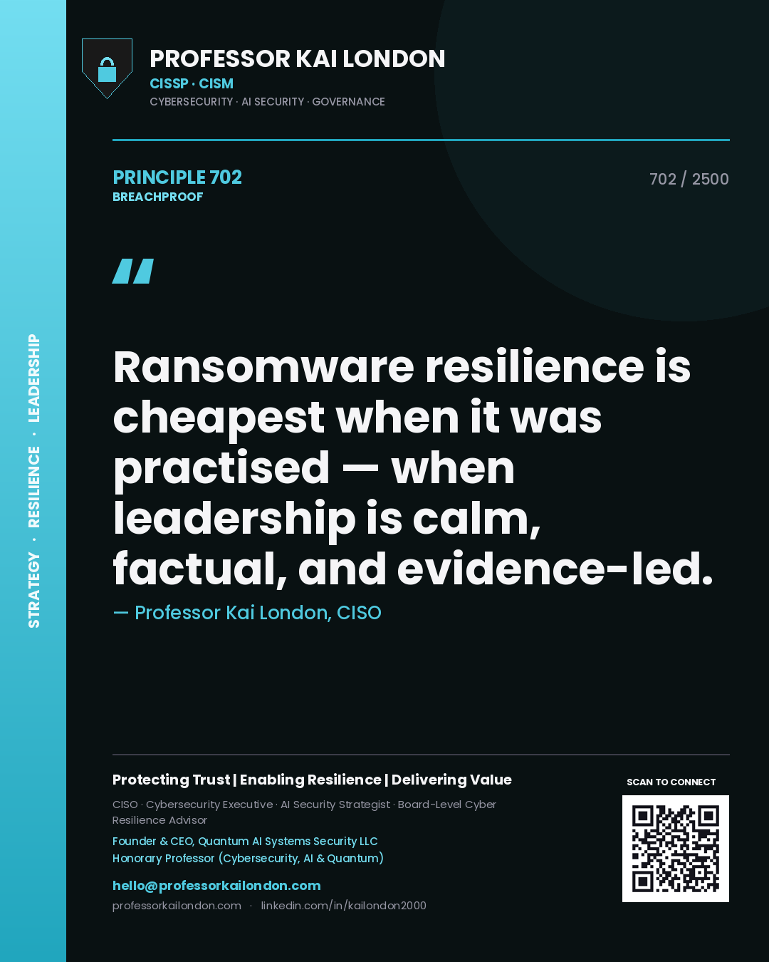 Quote card by Professor Kai London reading 'Ransomware resilience is cheapest when it was practised — when leadership is calm, factual, and evidence-led.'. From the book Breachproof.