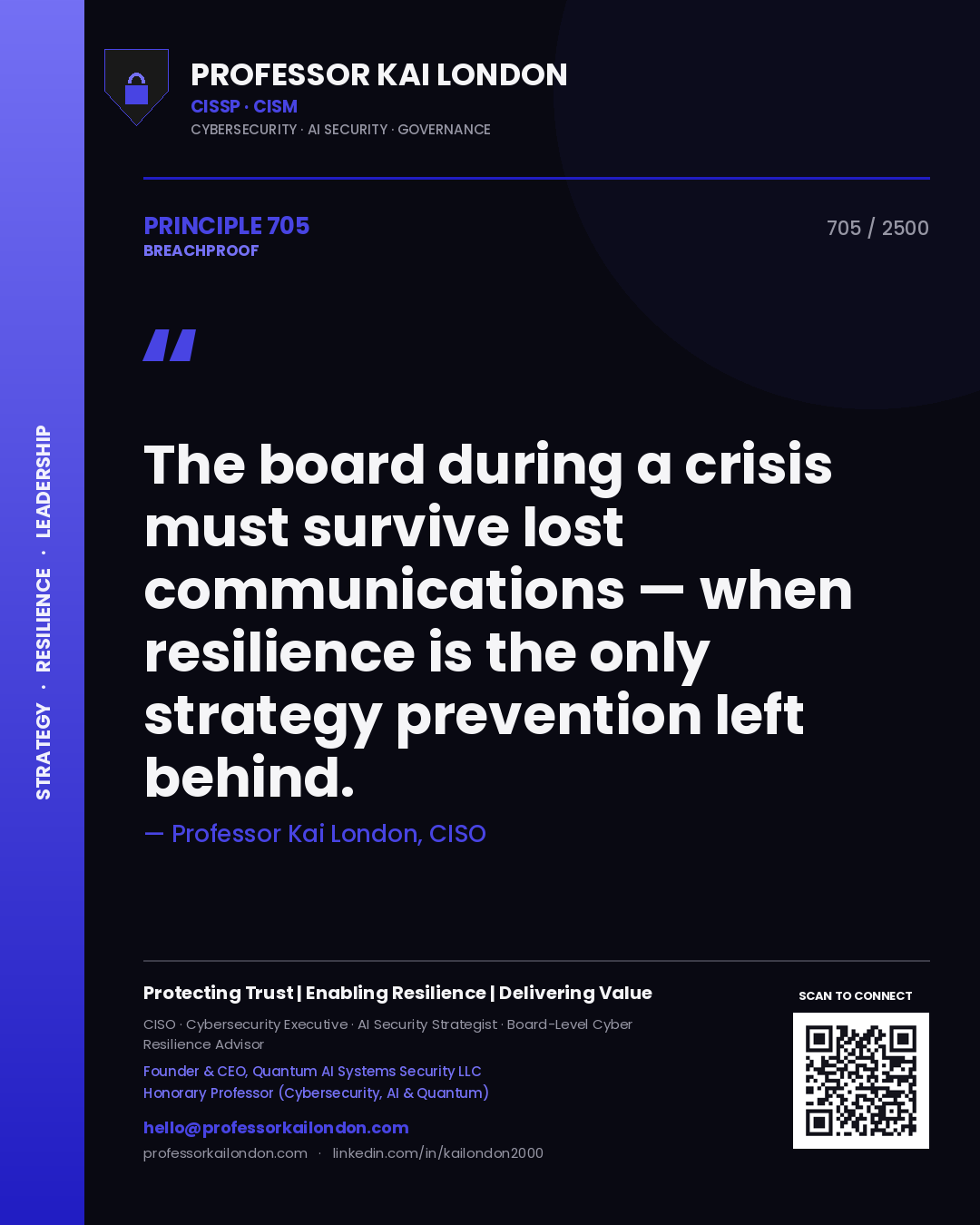 Professor Kai London principle 705: The board during a crisis must survive lost communications — when resilience is the only strategy prevention left behind.
