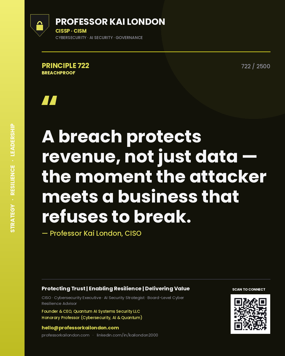 Quote card by Professor Kai London reading 'A breach protects revenue, not just data — the moment the attacker meets a business that refuses to break.'. From the book Breachproof.