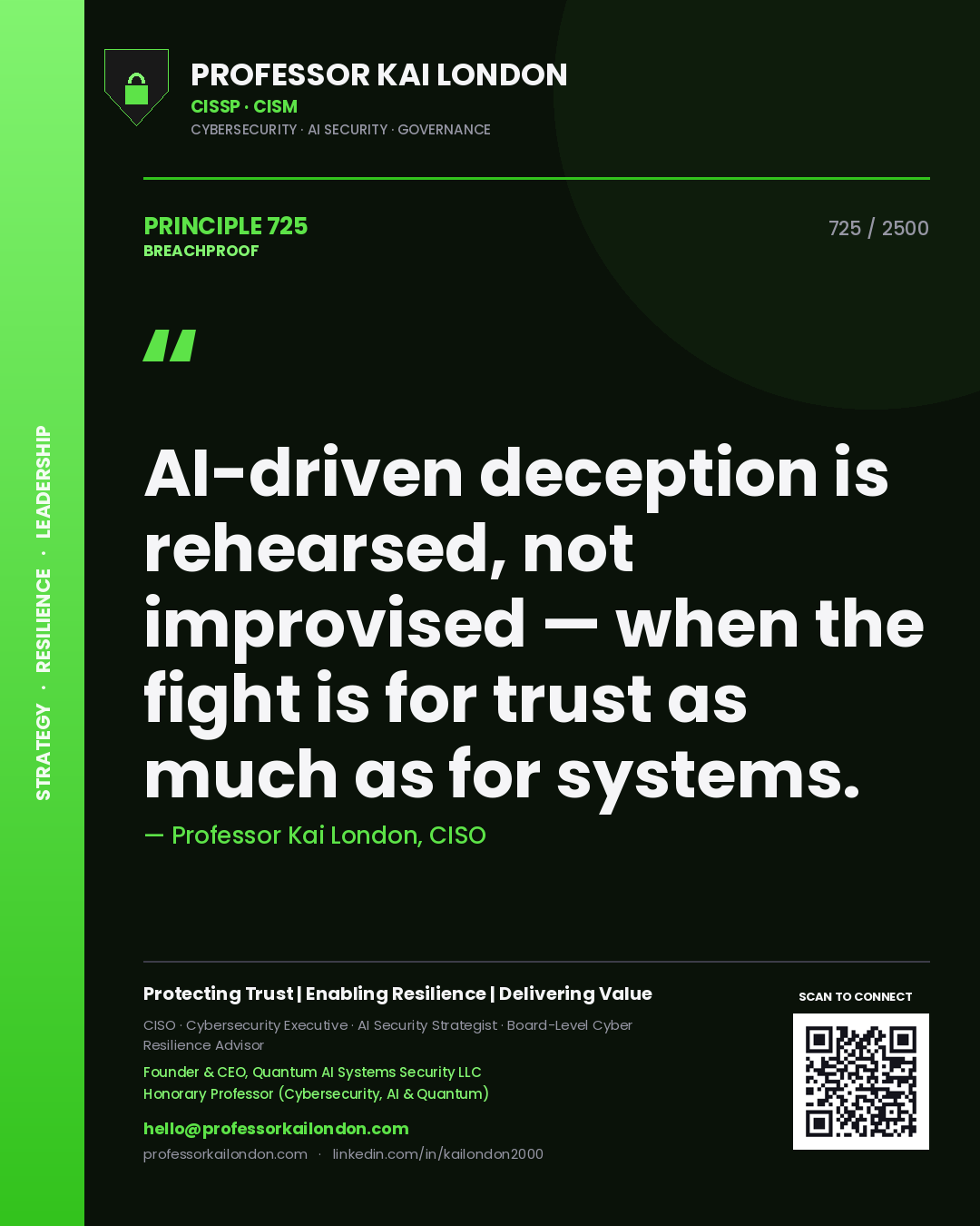 Professor Kai London principle 725: AI-driven deception is rehearsed, not improvised — when the fight is for trust as much as for systems.