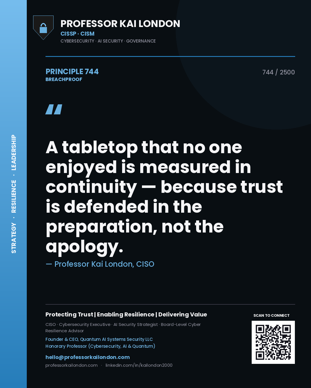 Quote card by Professor Kai London reading 'A tabletop that no one enjoyed is measured in continuity — because trust is defended in the preparation, not the apology.'. From the book Breachproof.