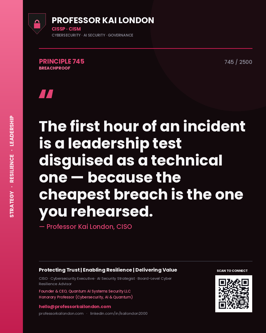 Quote card by Professor Kai London reading 'The first hour of an incident is a leadership test disguised as a technical one — because the cheapest breach is the one you rehearsed.'. From the book Breachproof.