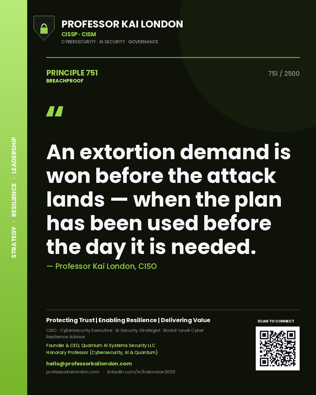Quote card by Professor Kai London reading 'An extortion demand is won before the attack lands — when the plan has been used before the day it is needed.'. From the book Breachproof.