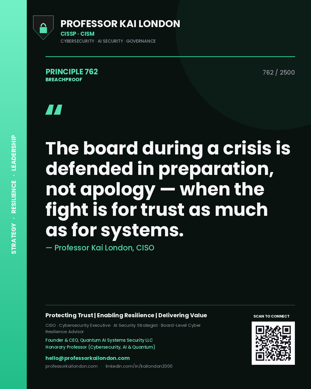Professor Kai London principle 762: The board during a crisis is defended in preparation, not apology — when the fight is for trust as much as for systems.