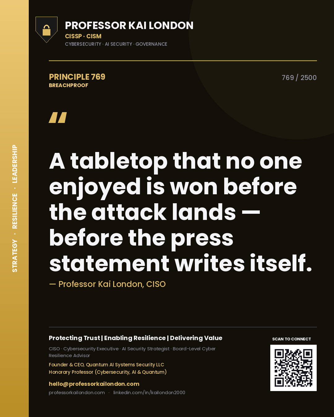 Quote card by Professor Kai London reading 'A tabletop that no one enjoyed is won before the attack lands — before the press statement writes itself.'. From the book Breachproof.