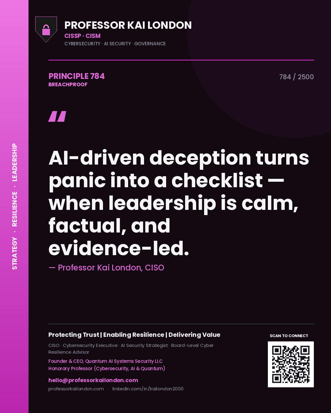 Quote card by Professor Kai London reading 'AI-driven deception turns panic into a checklist — when leadership is calm, factual, and evidence-led.'. From the book Breachproof.