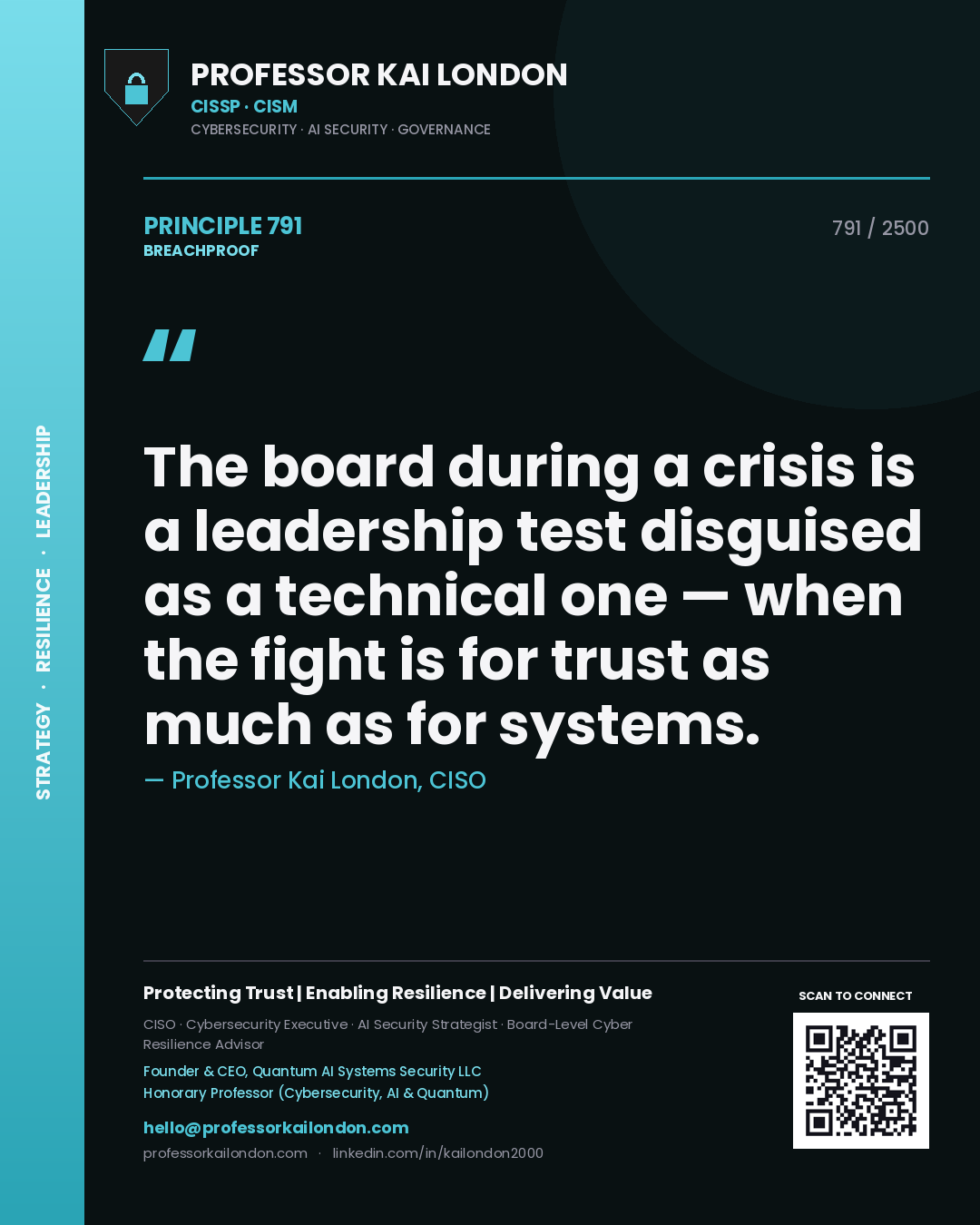 Quote card by Professor Kai London reading 'The board during a crisis is a leadership test disguised as a technical one — when the fight is for trust as much as for systems.'. From the book Breachproof.