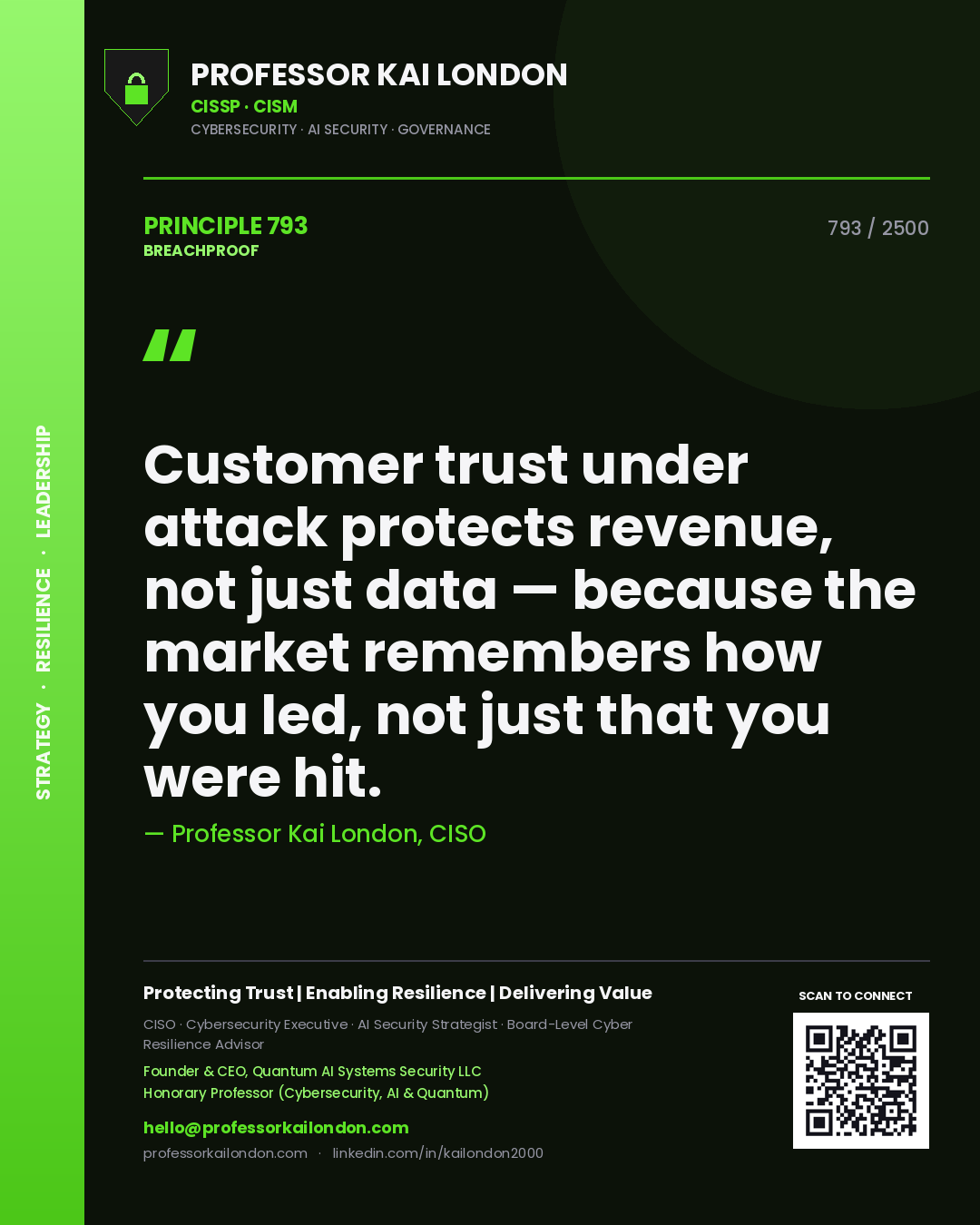 Professor Kai London principle 793: Customer trust under attack protects revenue, not just data — because the market remembers how you led, not just that you were hit.