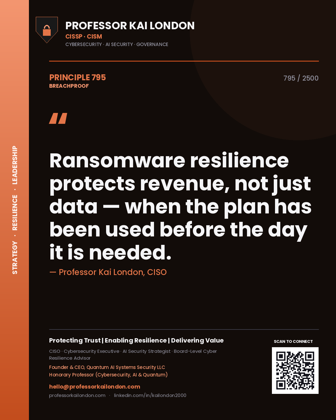 Quote card by Professor Kai London reading 'Ransomware resilience protects revenue, not just data — when the plan has been used before the day it is needed.'. From the book Breachproof.