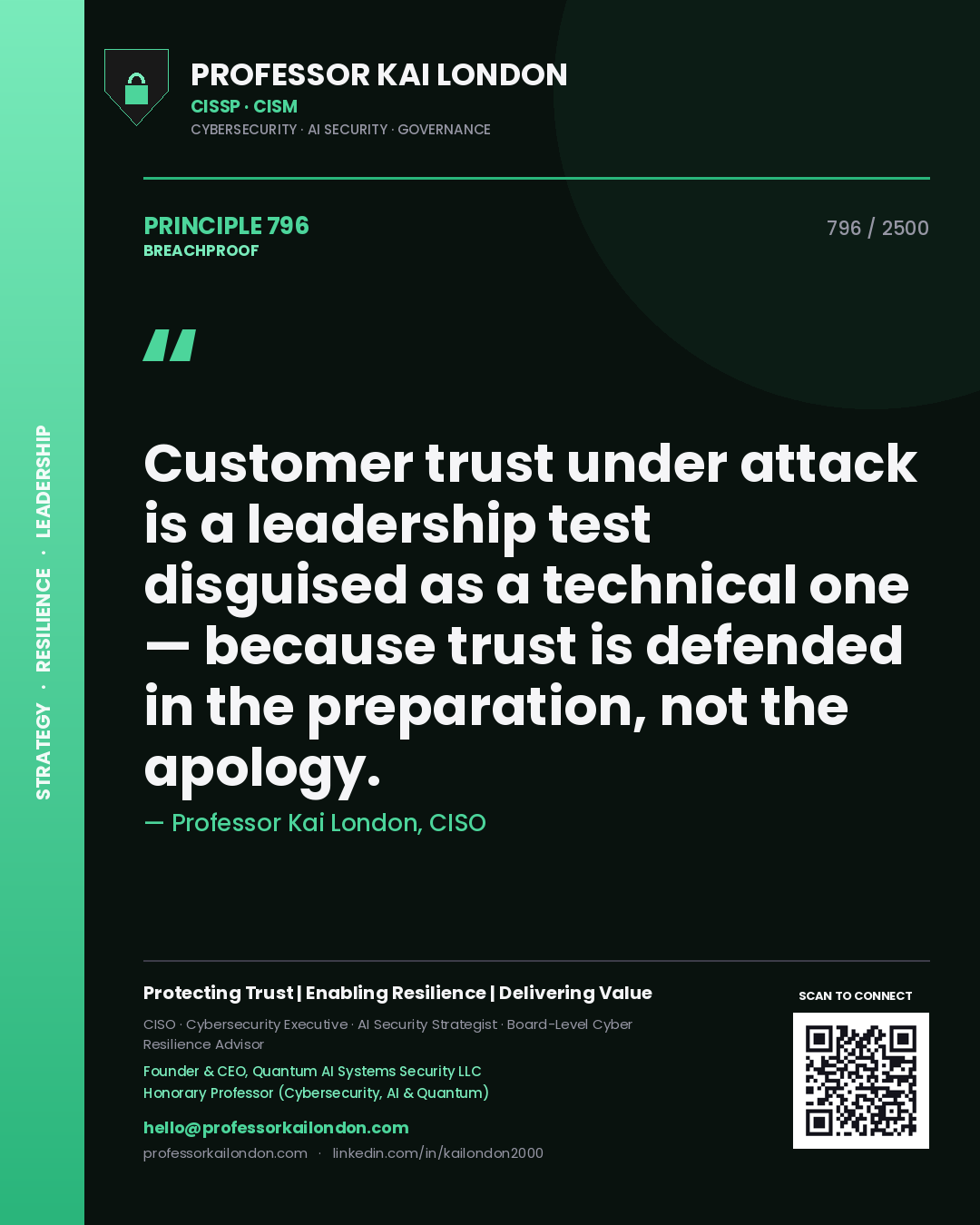 Quote card by Professor Kai London reading 'Customer trust under attack is a leadership test disguised as a technical one — because trust is defended in the preparation, not the apology.'. From the book Breachproof.