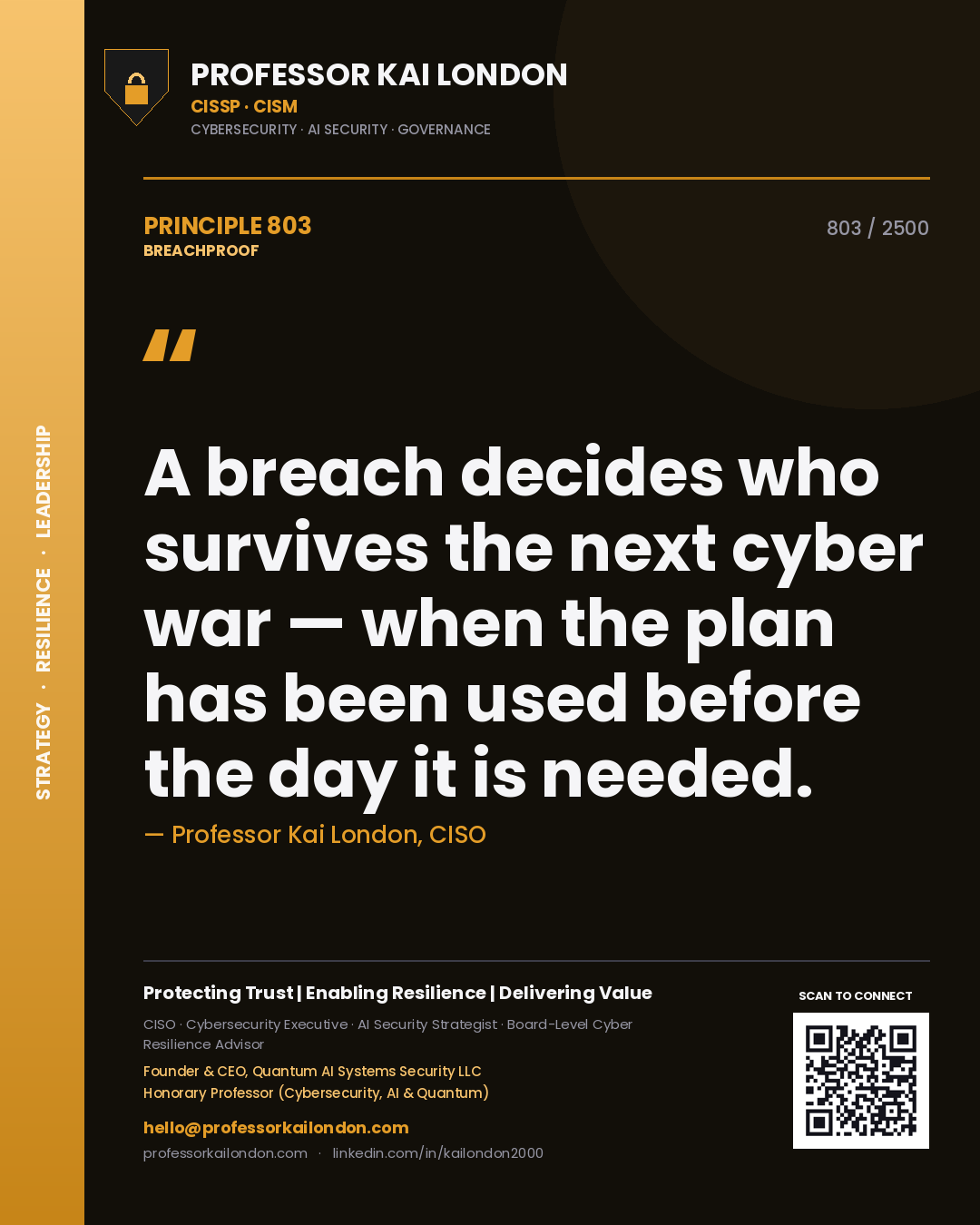 Professor Kai London principle 803: A breach decides who survives the next cyber war — when the plan has been used before the day it is needed.