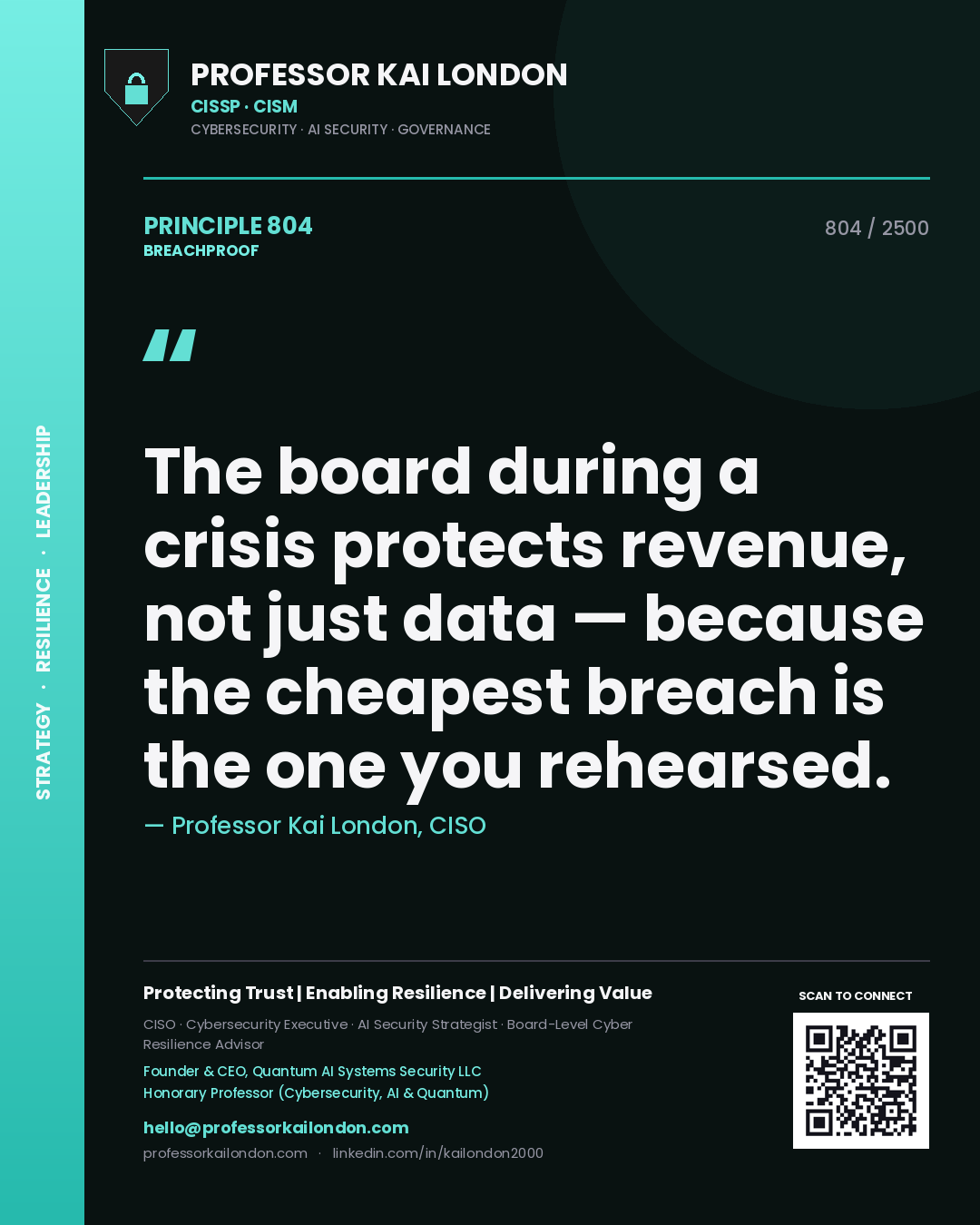 Professor Kai London principle 804: The board during a crisis protects revenue, not just data — because the cheapest breach is the one you rehearsed.