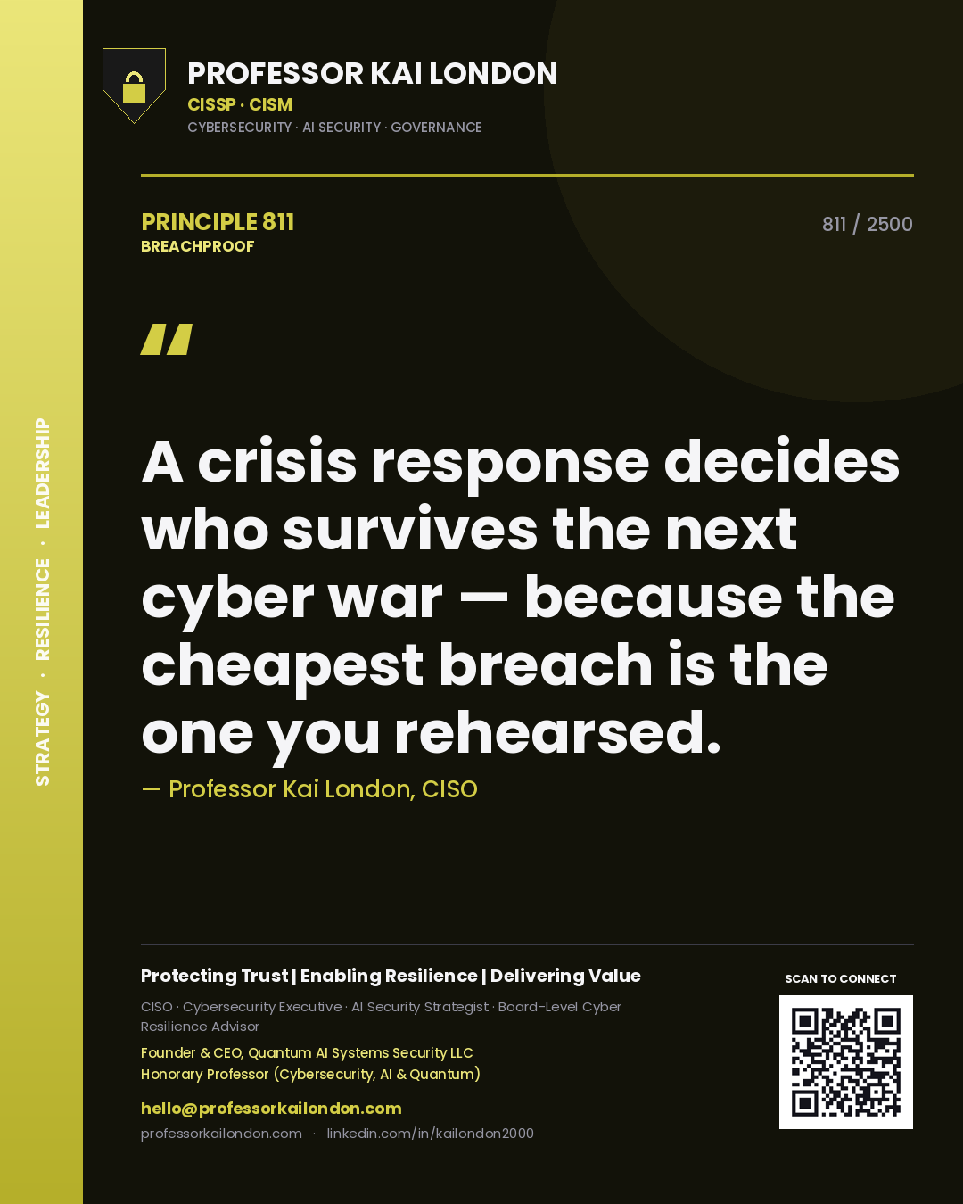 Quote card by Professor Kai London reading 'A crisis response decides who survives the next cyber war — because the cheapest breach is the one you rehearsed.'. From the book Breachproof.