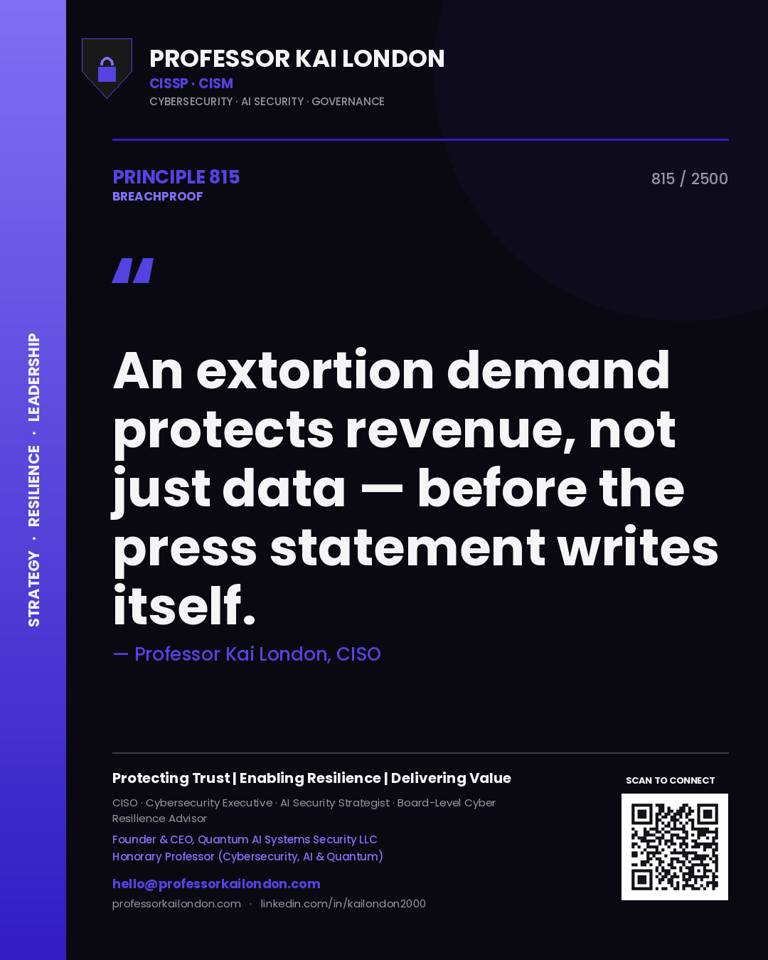 Professor Kai London principle 815: An extortion demand protects revenue, not just data — before the press statement writes itself.