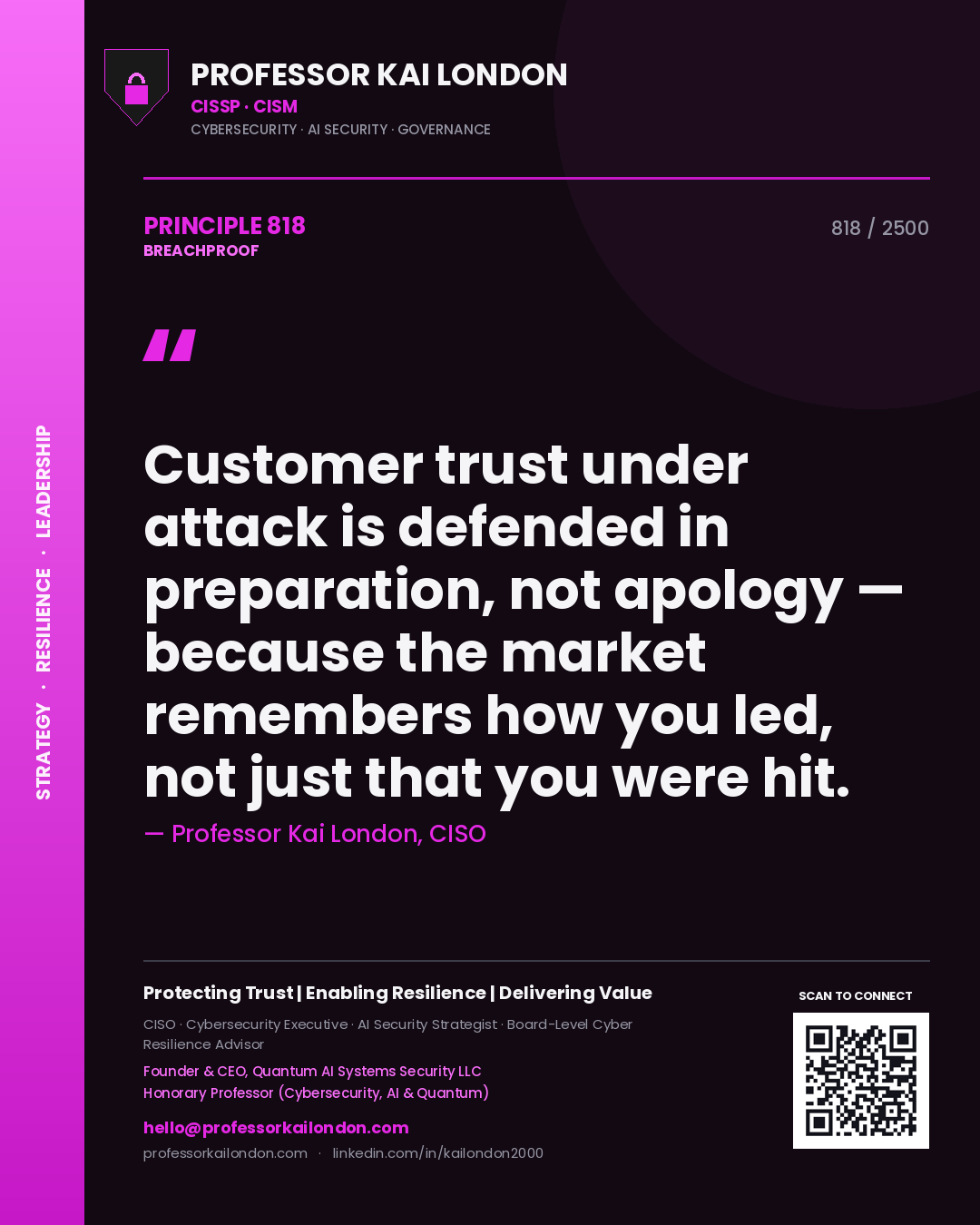 Quote card by Professor Kai London reading 'Customer trust under attack is defended in preparation, not apology — because the market remembers how you led, not just that you were hit.'. From the book Breachproof.