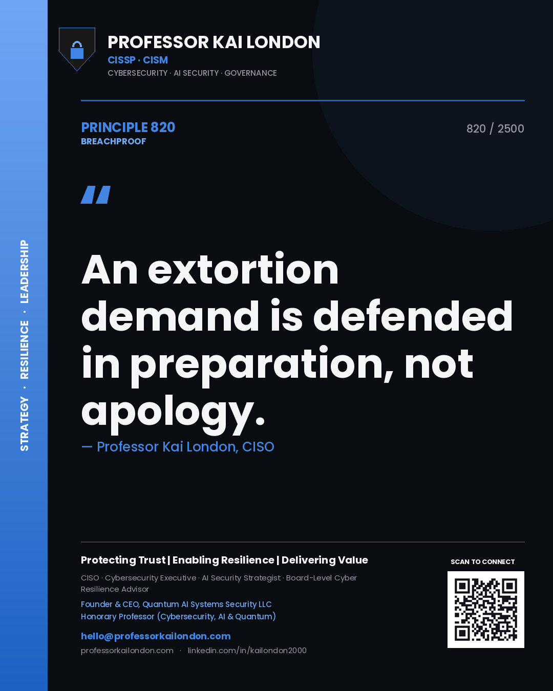 Professor Kai London principle 820: An extortion demand is defended in preparation, not apology.