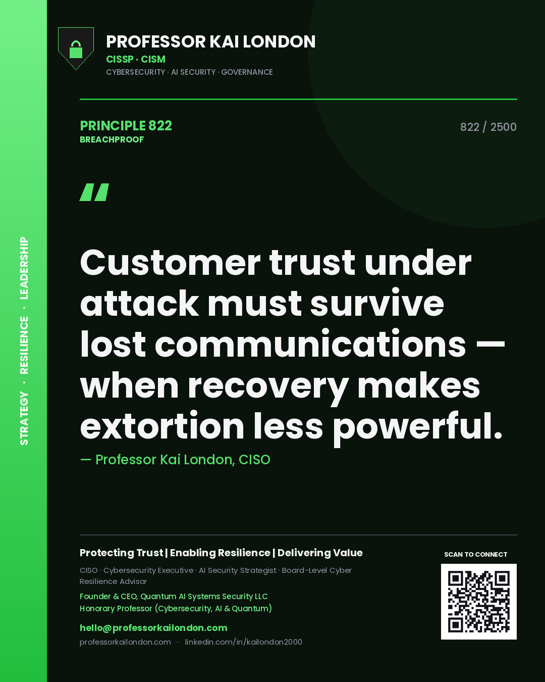 Professor Kai London principle 822: Customer trust under attack must survive lost communications — when recovery makes extortion less powerful.