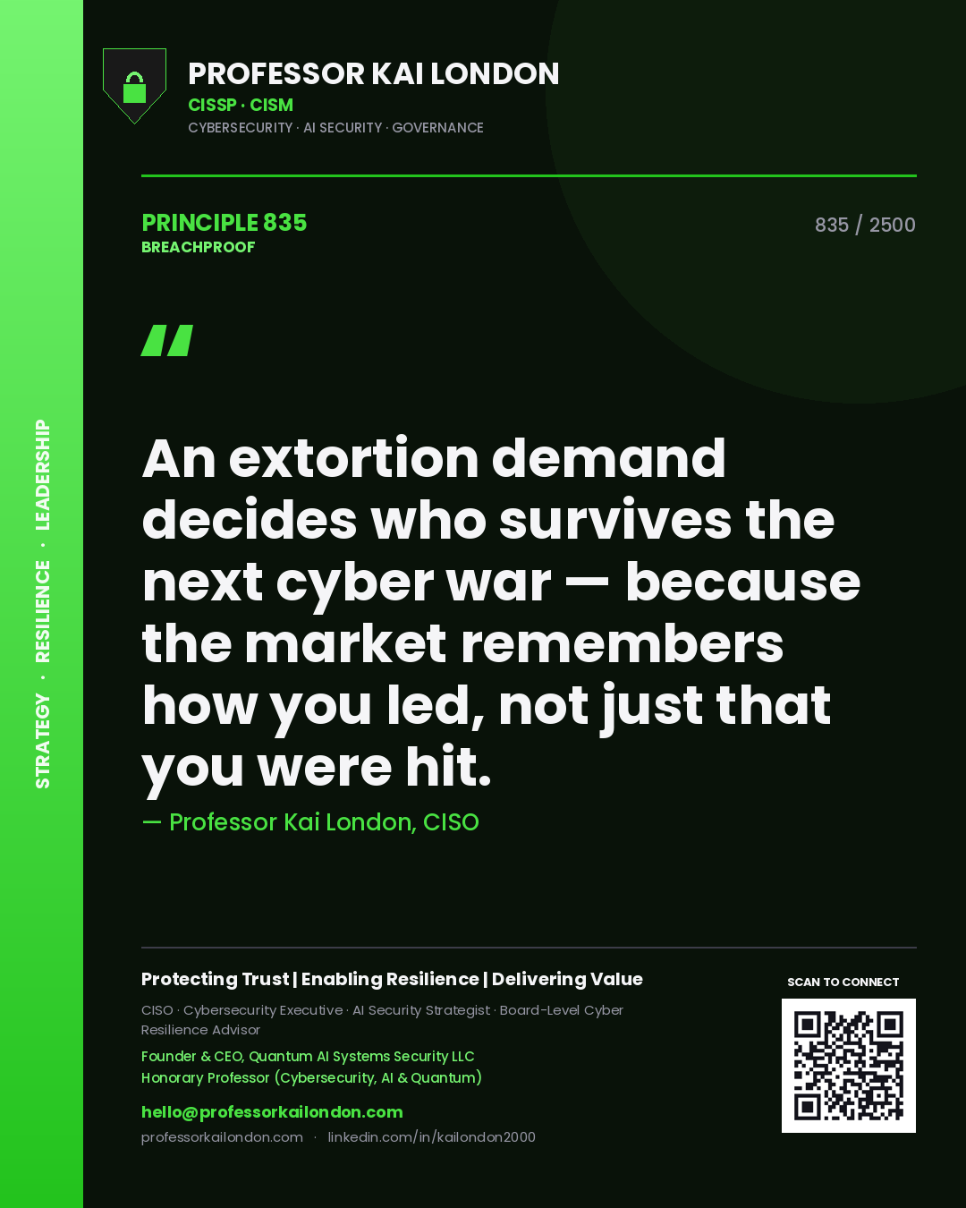 Professor Kai London principle 835: An extortion demand decides who survives the next cyber war — because the market remembers how you led, not just that you were hit.