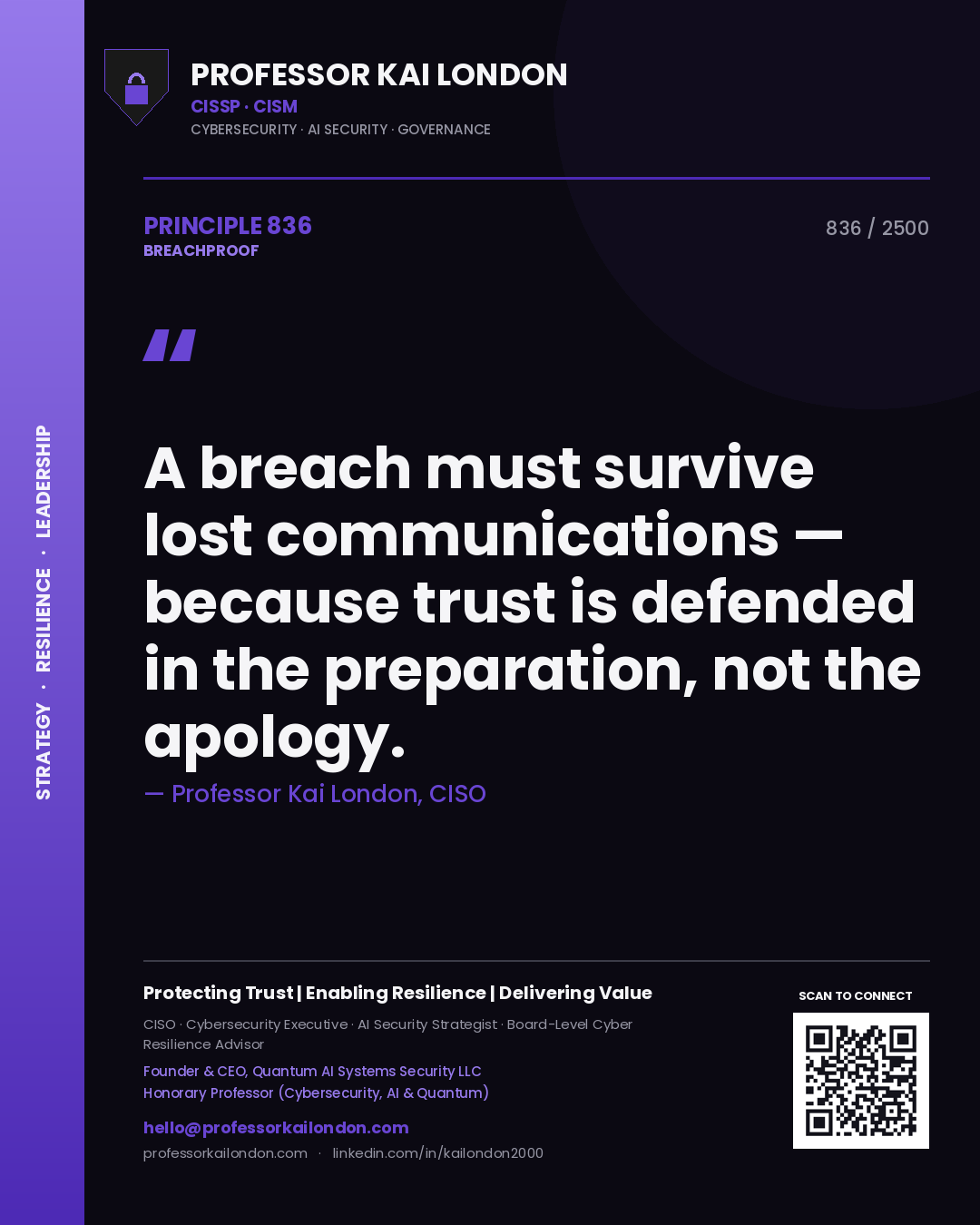 Quote card by Professor Kai London reading 'A breach must survive lost communications — because trust is defended in the preparation, not the apology.'. From the book Breachproof.