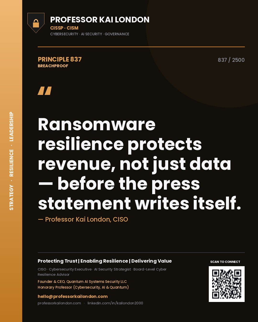 Professor Kai London principle 837: Ransomware resilience protects revenue, not just data — before the press statement writes itself.