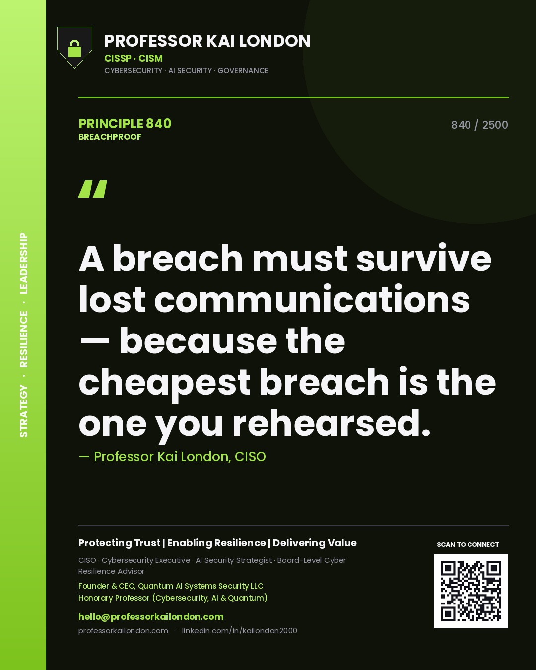 Professor Kai London principle 840: A breach must survive lost communications — because the cheapest breach is the one you rehearsed.