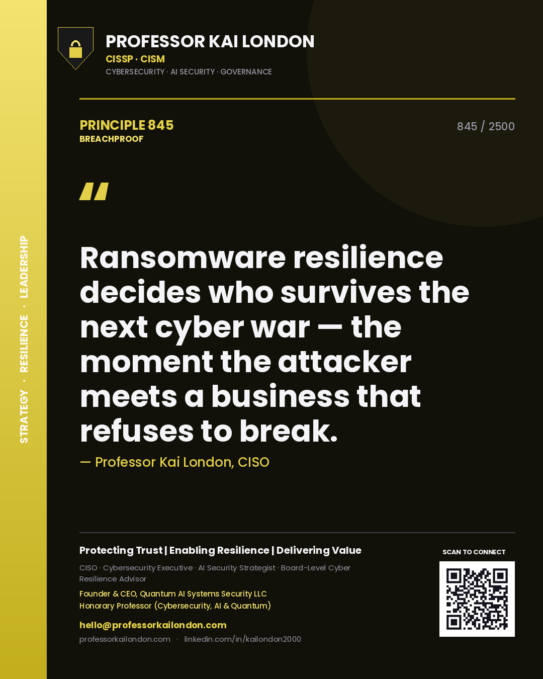Professor Kai London principle 845: Ransomware resilience decides who survives the next cyber war — the moment the attacker meets a business that refuses to break.